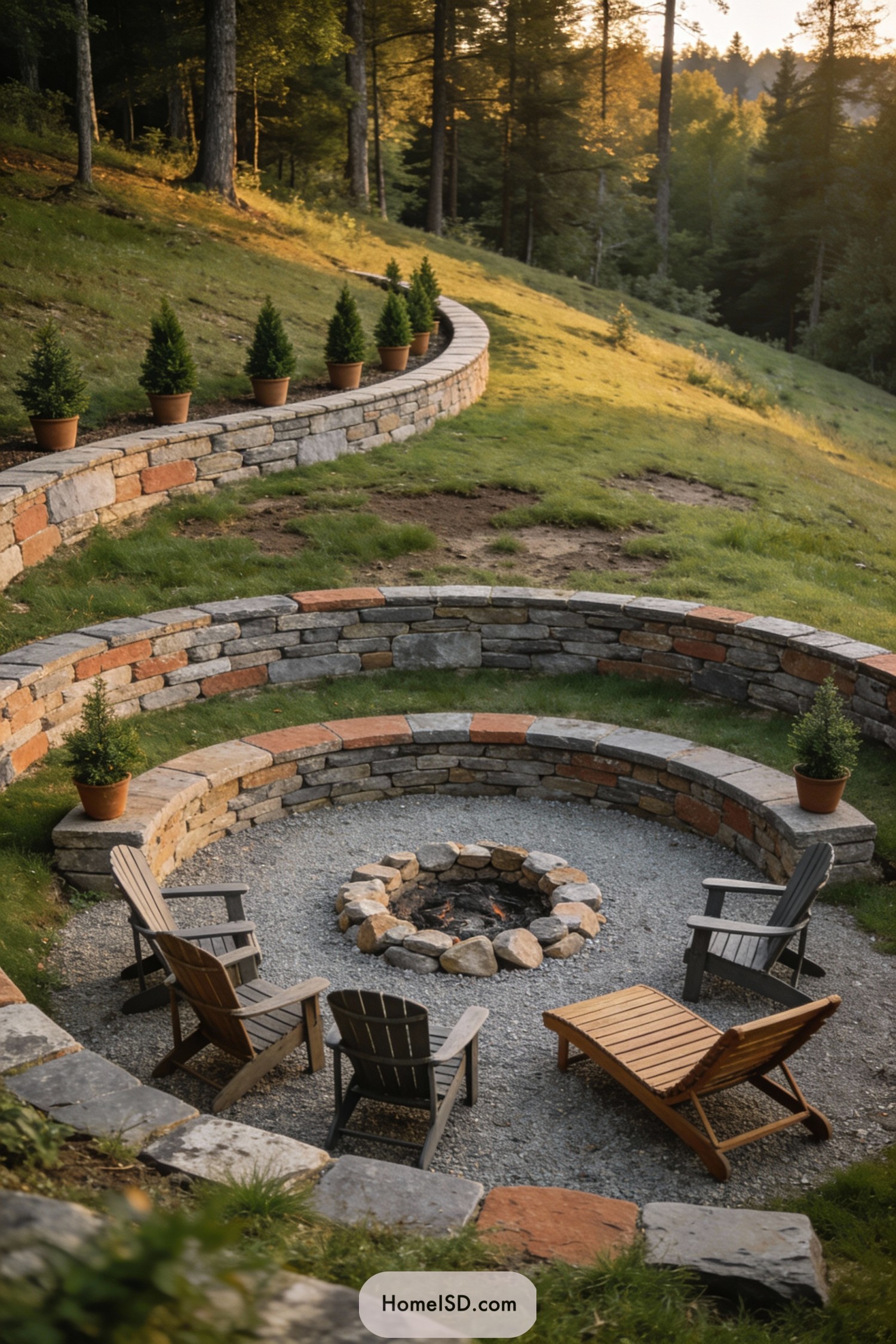 Circular stone fire pit terrace on a grassy hillside with curved retaining walls and Adirondack chairs