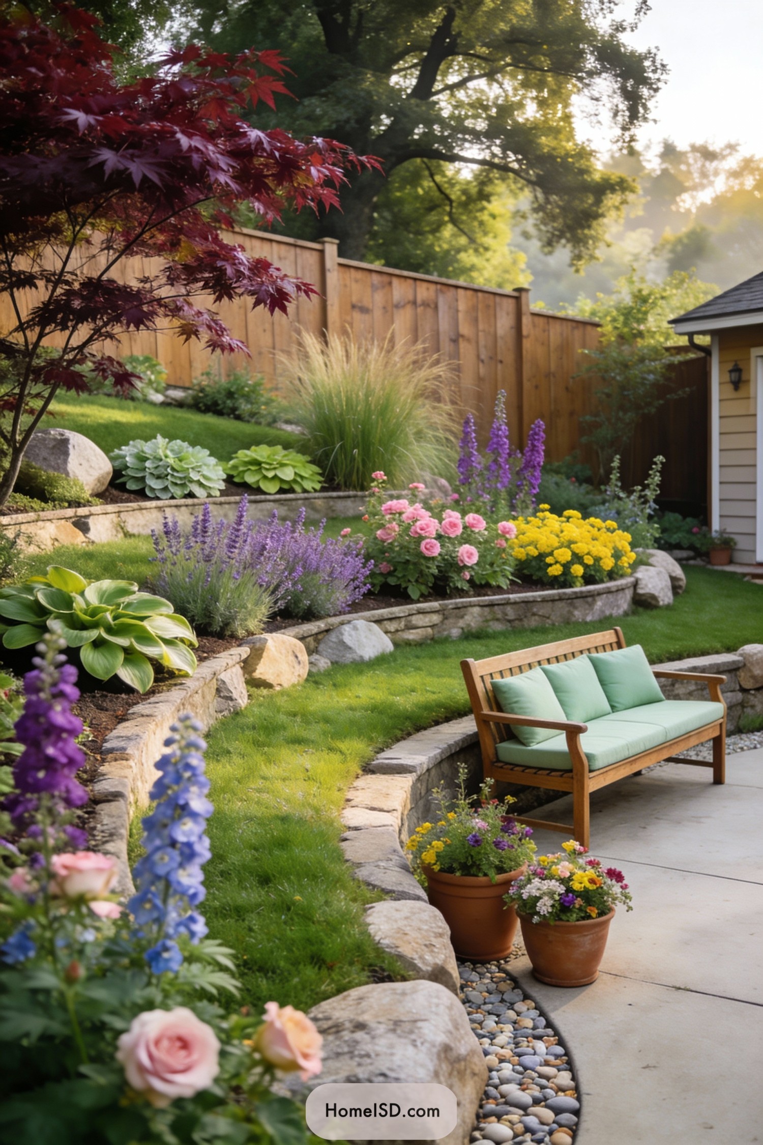 Wood bench on tiered flower-filled slope
