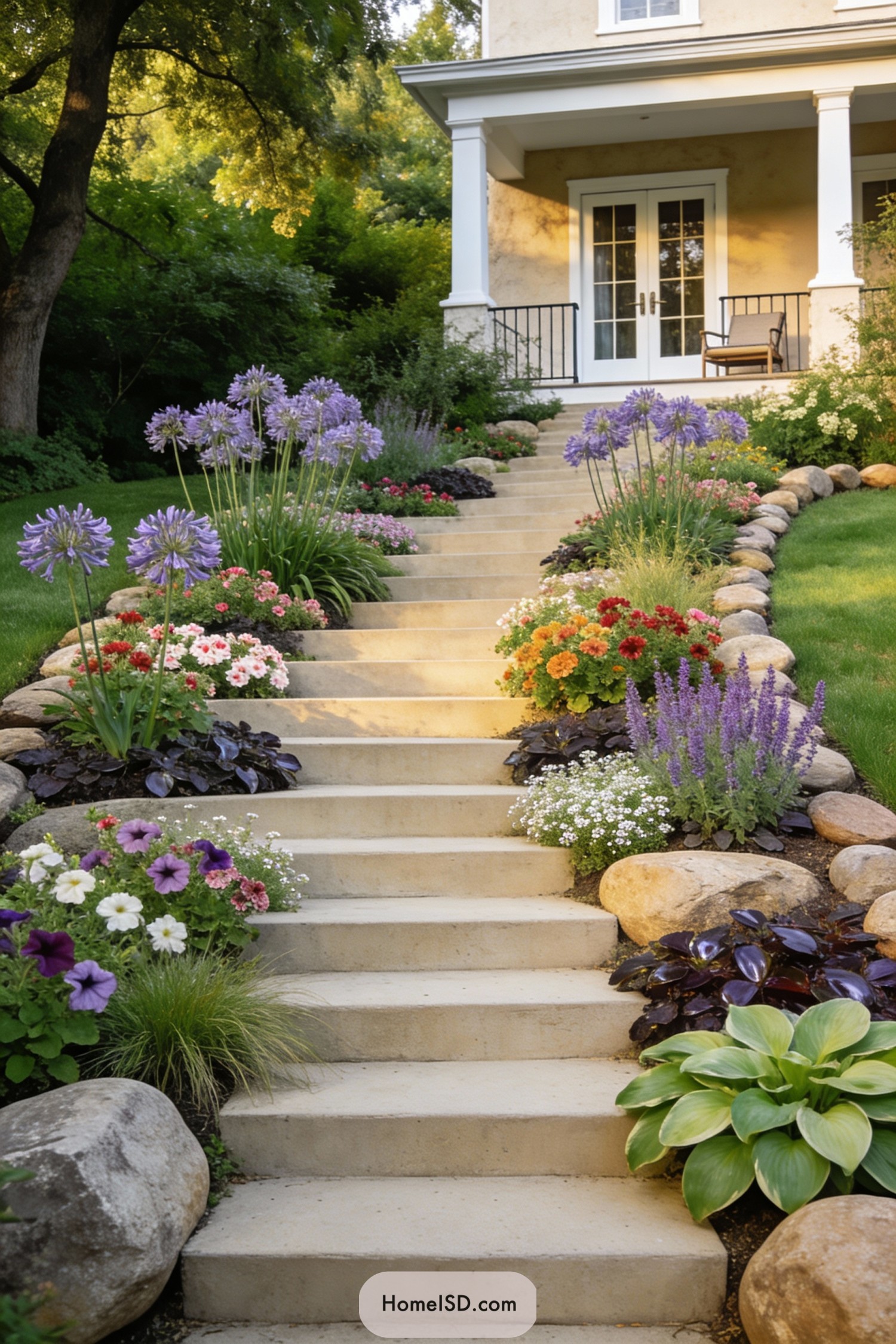 Flower-lined concrete steps leading to a porch