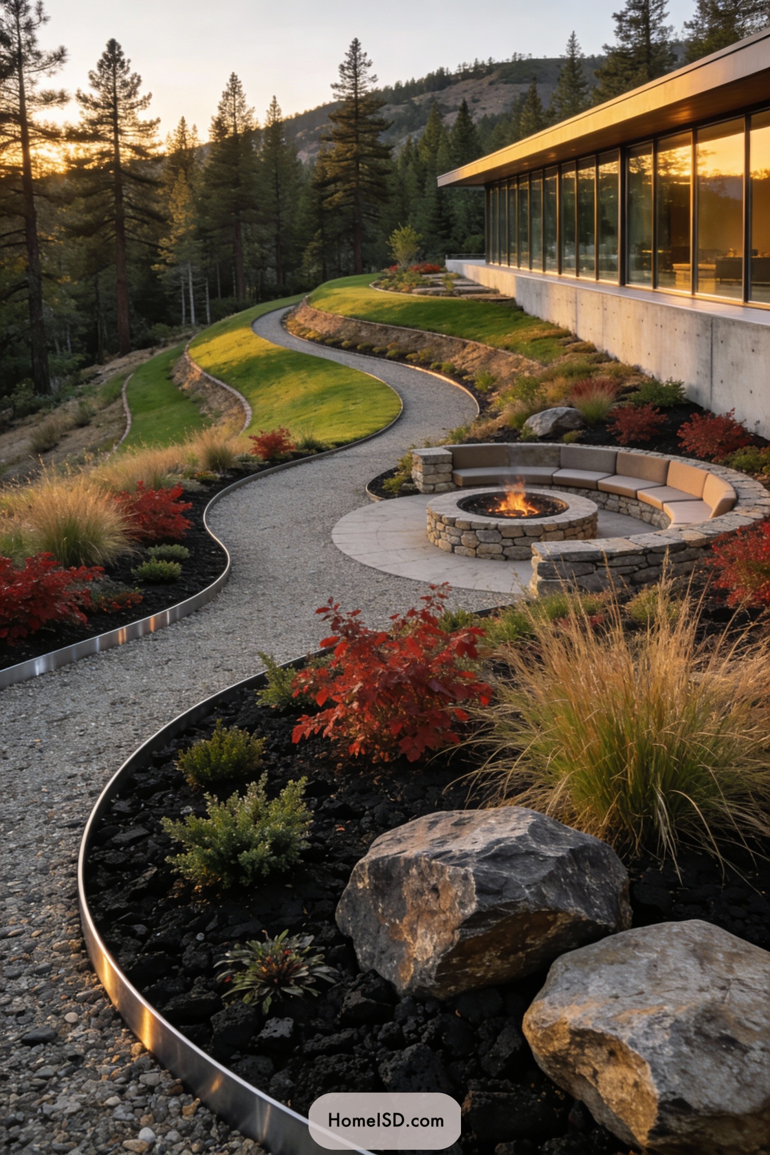 Curving gravel hillside path with circular sunken fire pit and modern home above