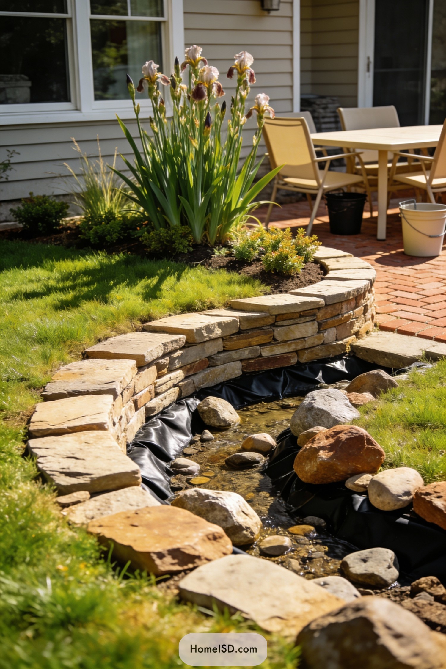 Curved stone-lined backyard stream beside brick patio