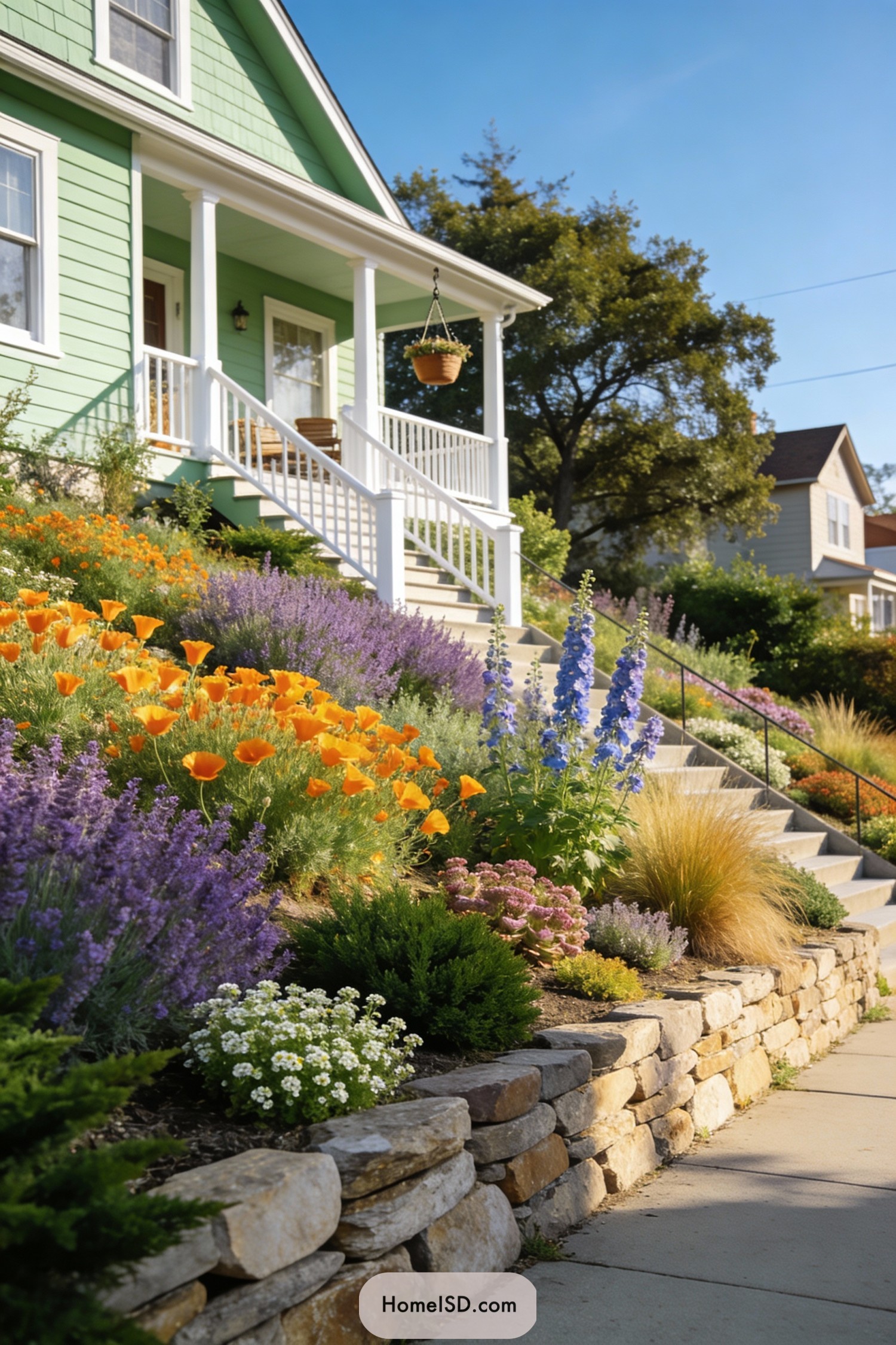 Terraced sloped front yard with colorful flowers and stone retaining walls beside a mint-green house