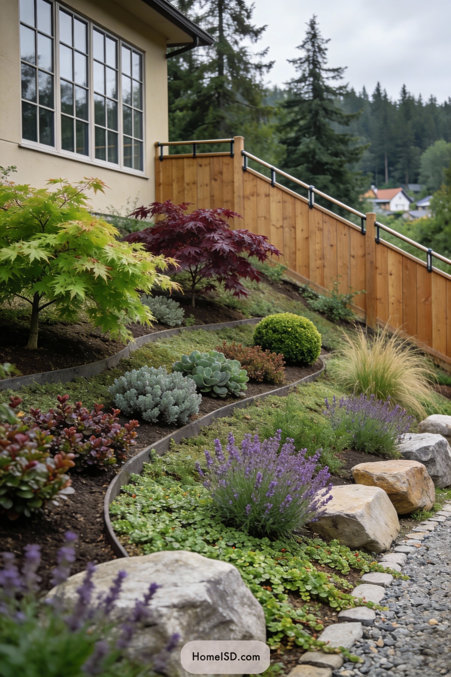 Tiered hillside garden with shrubs and maples