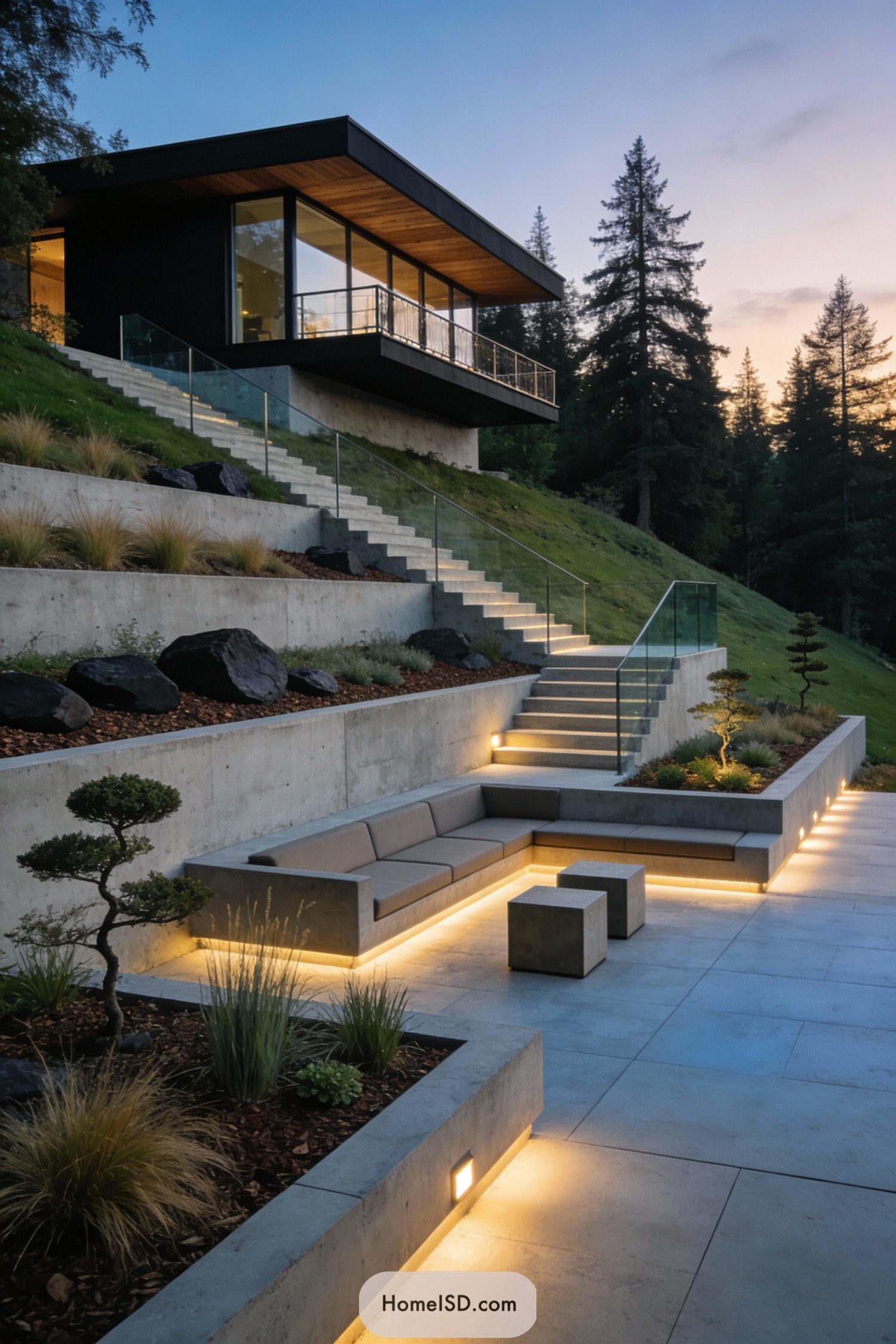 Modern terraced hillside patio with concrete seating and warm lighting