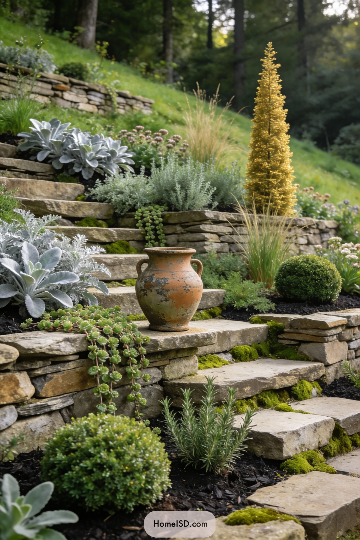 Tiered stone garden steps with rustic urn and lush plantings