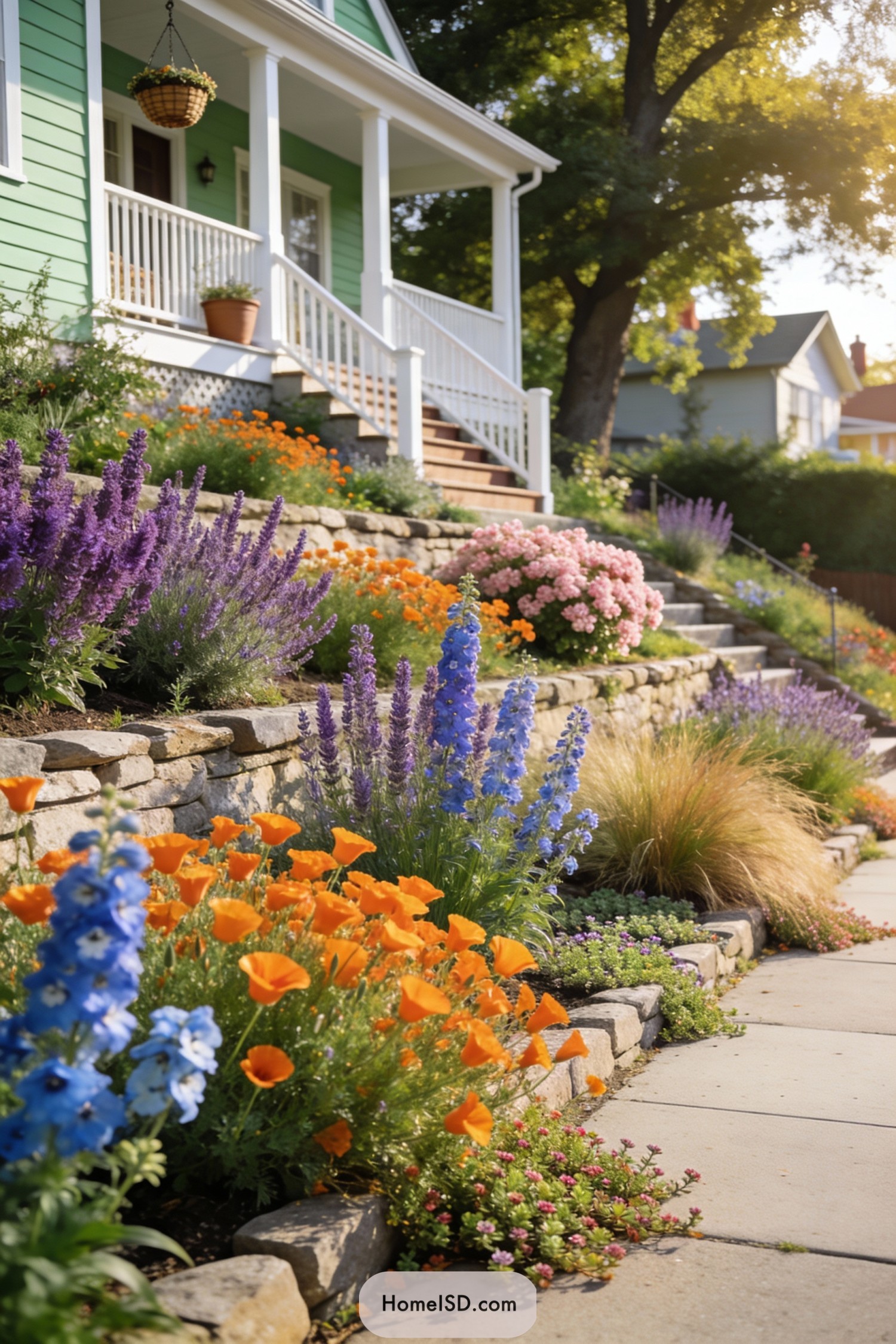 Colorful terraced flower beds along a sloped yard leading up to a green cottage porch