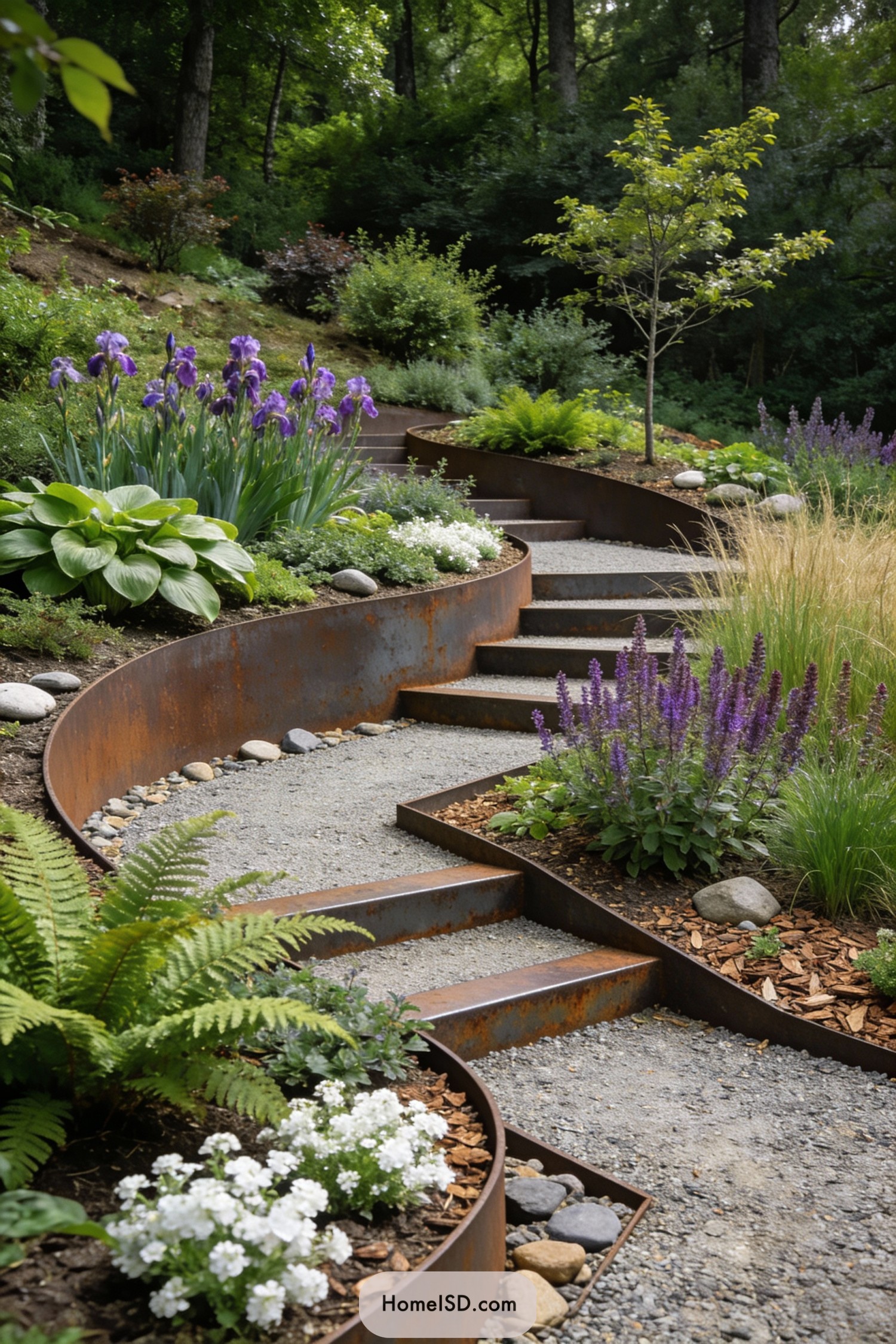 Curved metal-edged gravel steps on a lush terraced slope with mixed plantings