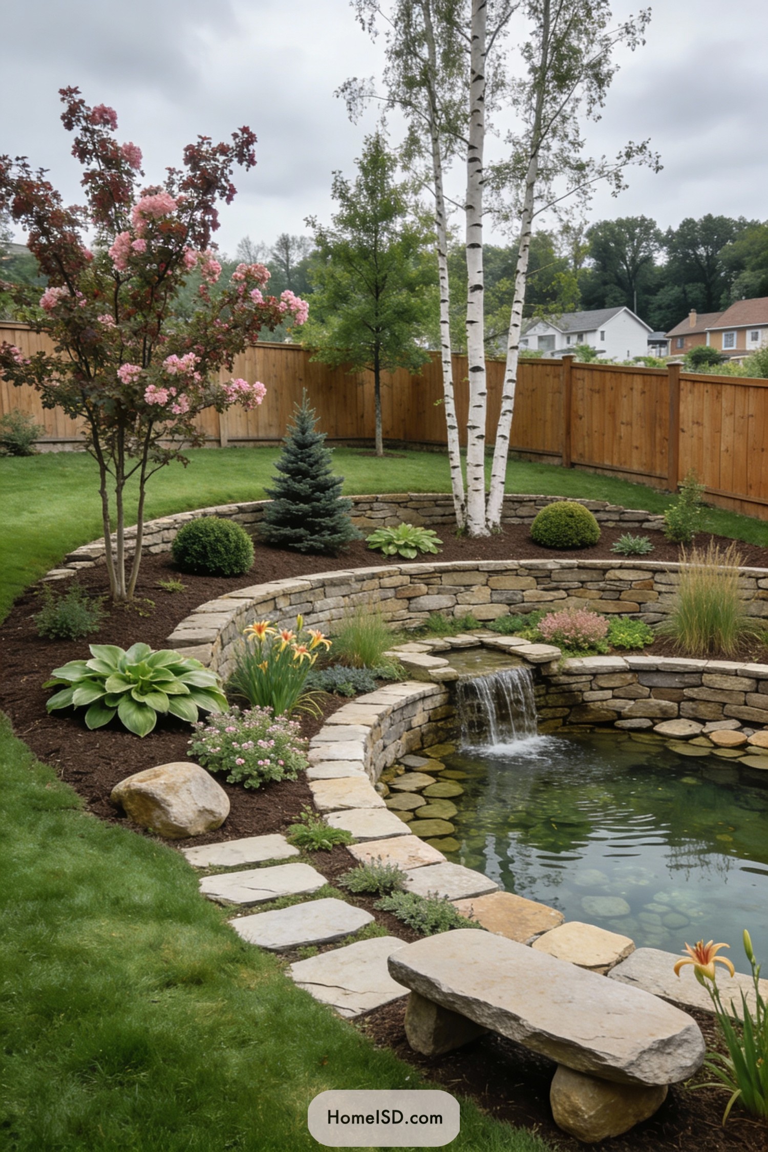 Terraced backyard pond with stone waterfall