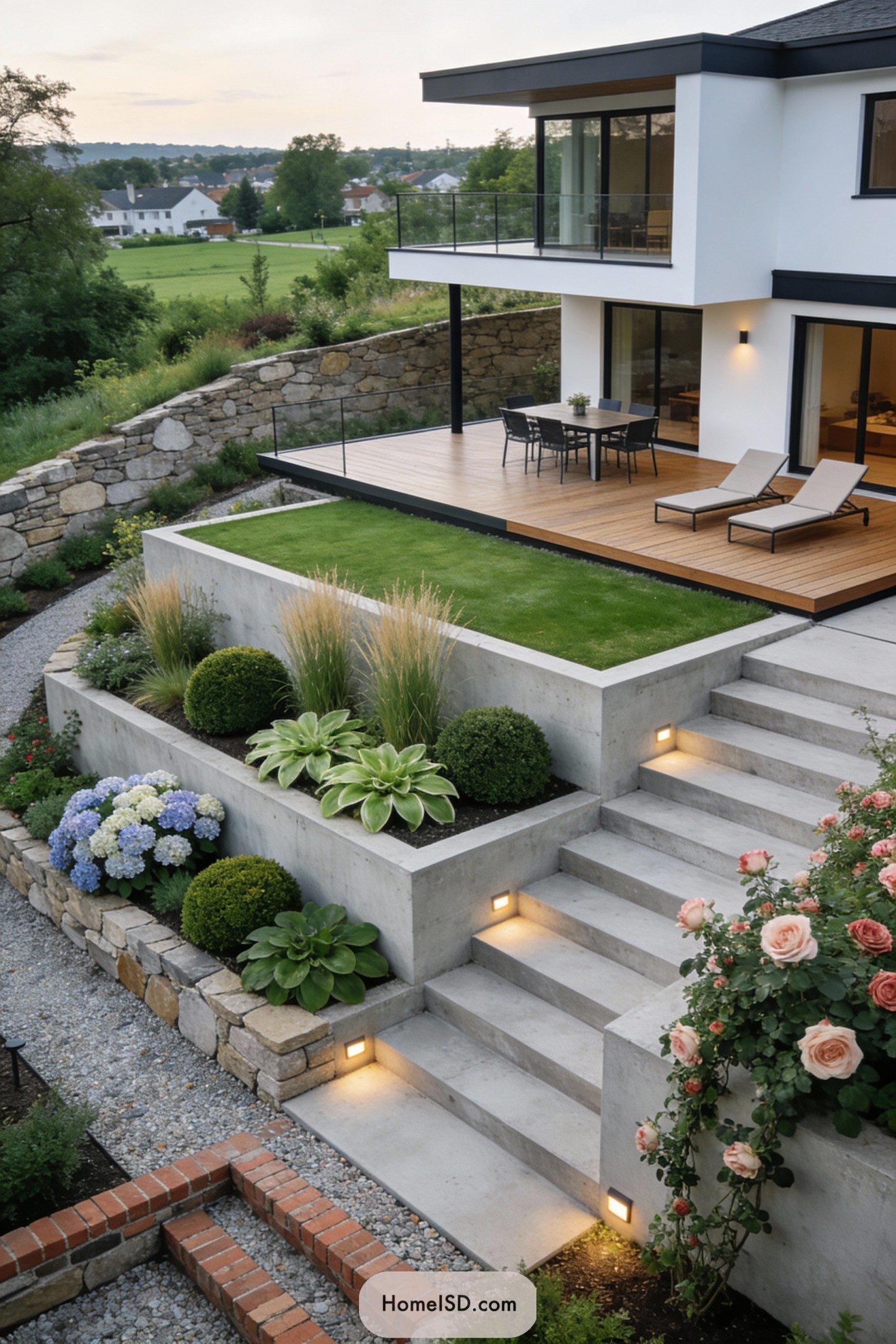 Modern tiered hillside patio with gardens