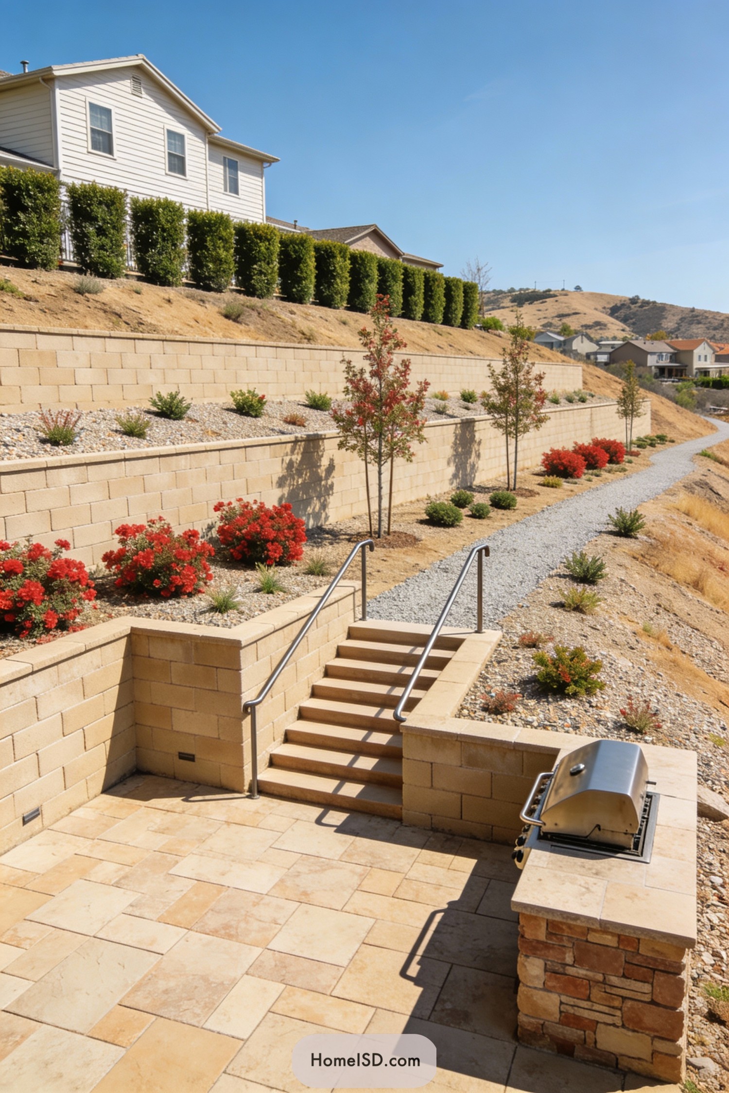 Terraced hillside backyard with stone patio, stairs, and drought-tolerant plantings