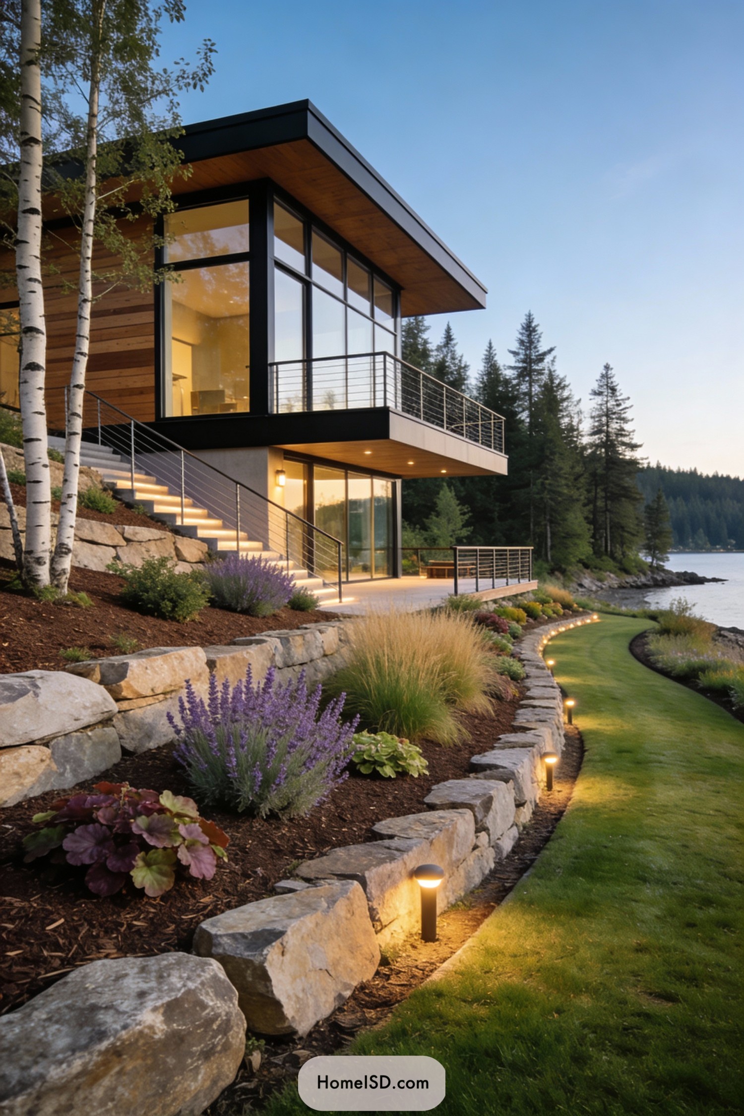 Modern glass house above terraced lakeside slope with stone walls and path lights