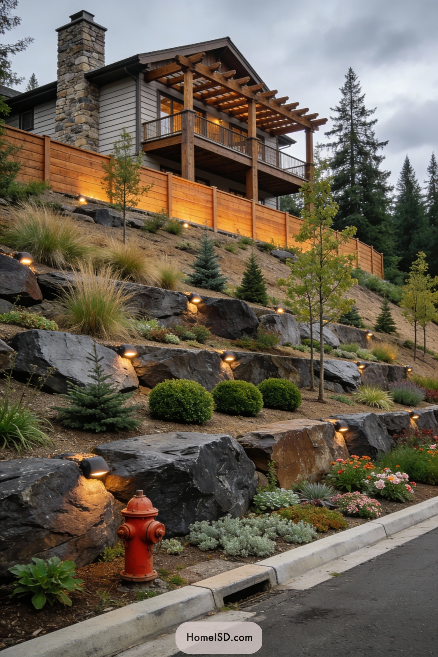 Tiered rocky slope with lit landscaping below a wooden hillside house