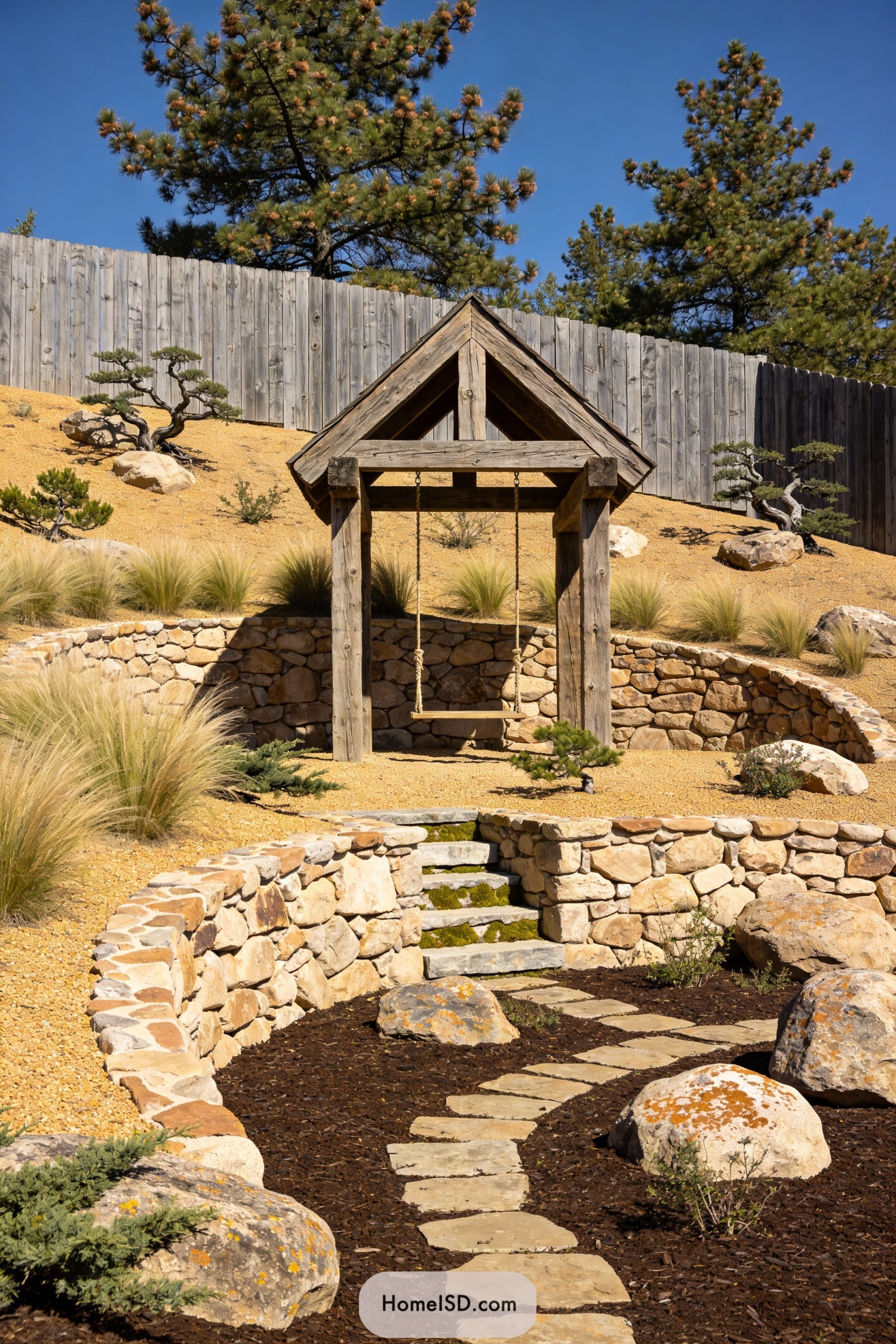 Wooden swing arbor on terraced stone slope