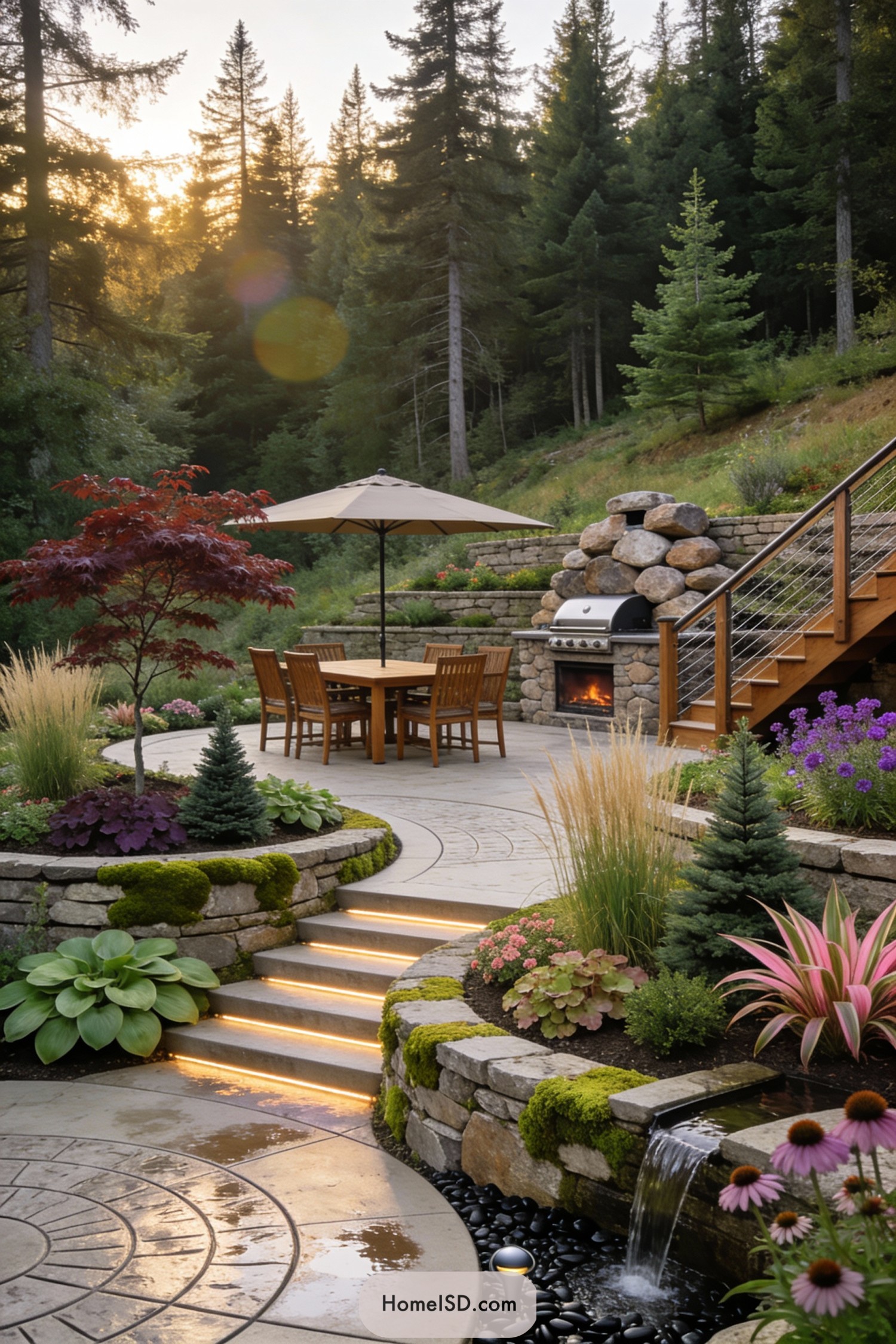 Terraced forest patio with grill, lighting, and lush plantings