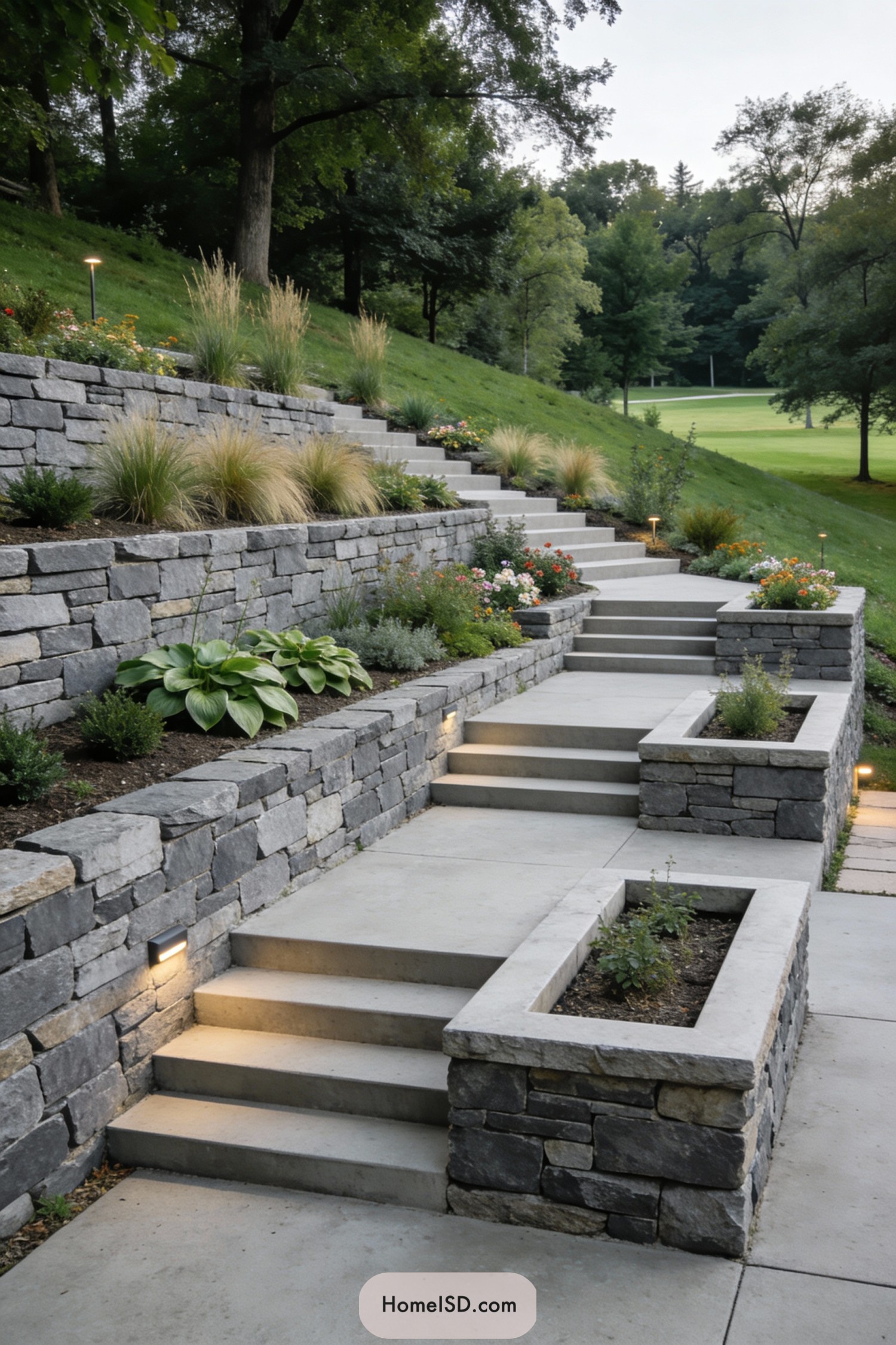 Terraced stone retaining walls with lit steps