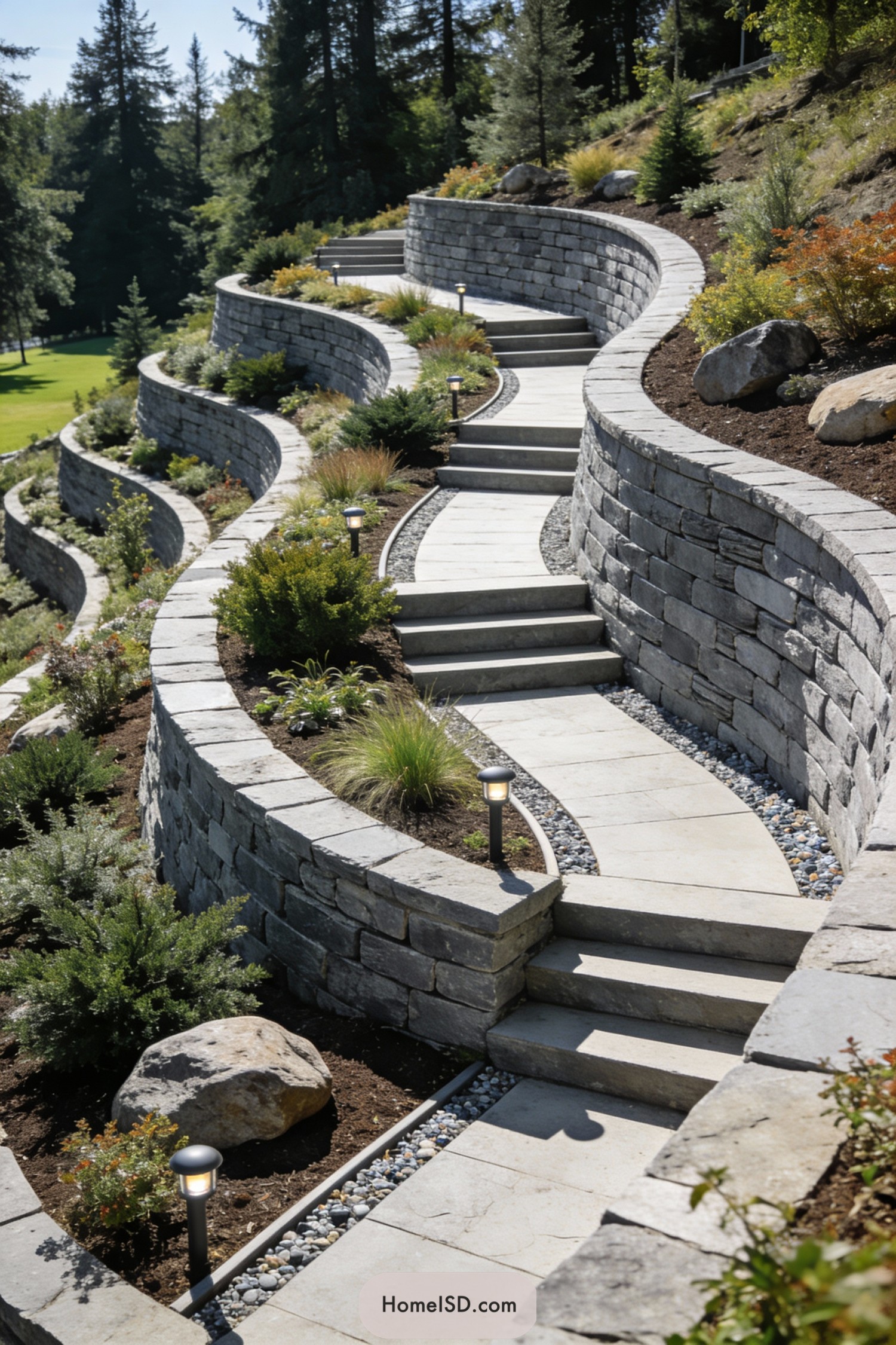 Curved stone terraces with lighted steps on a landscaped slope