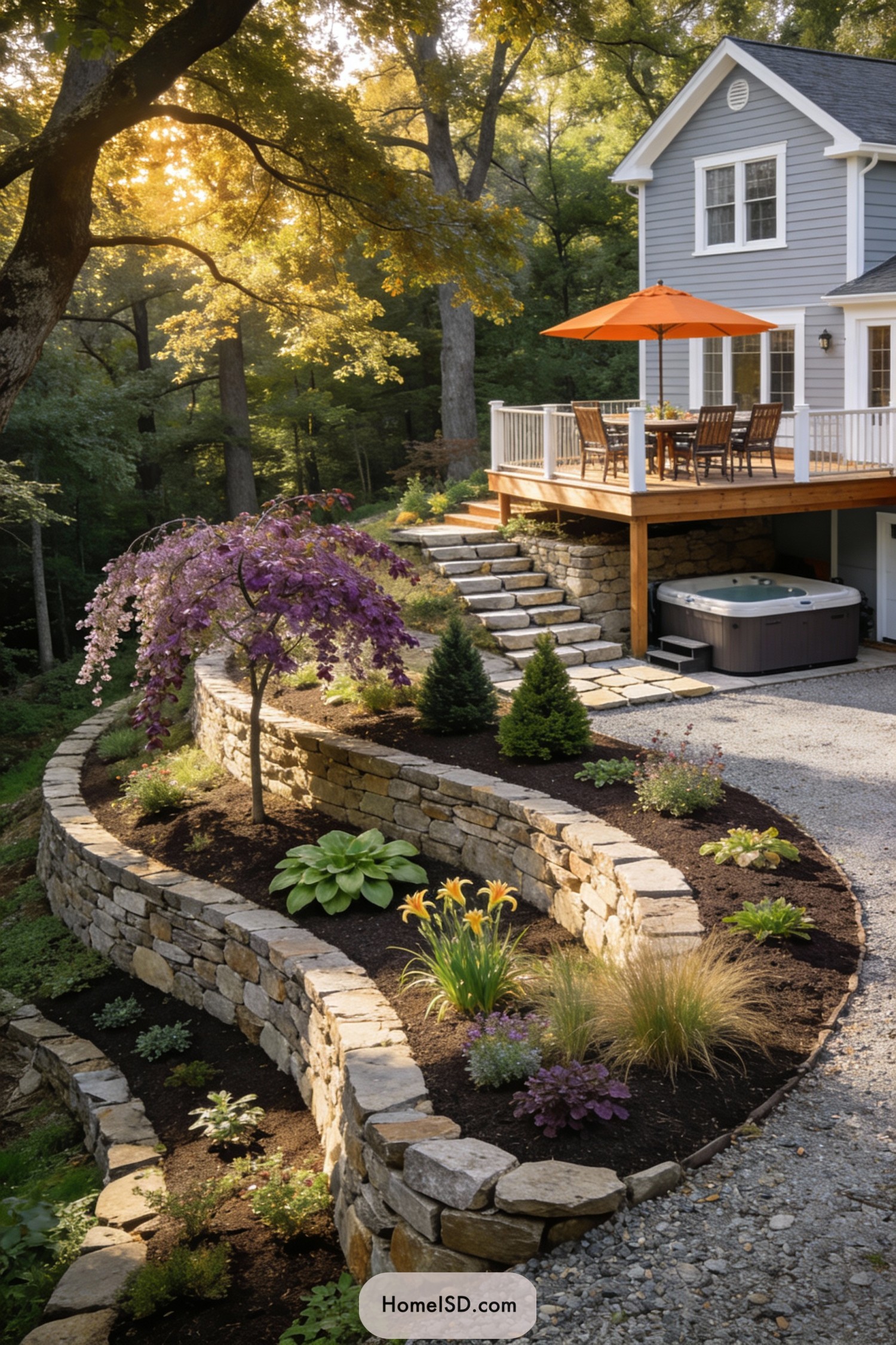 Terraced stone slope garden beside deck