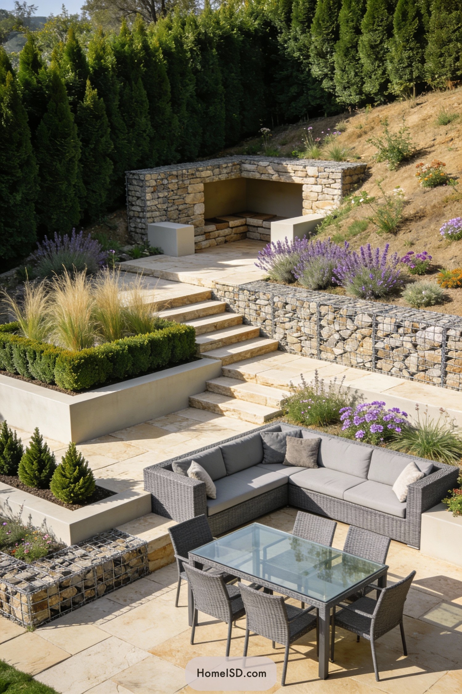 Tiered stone patio on landscaped slope