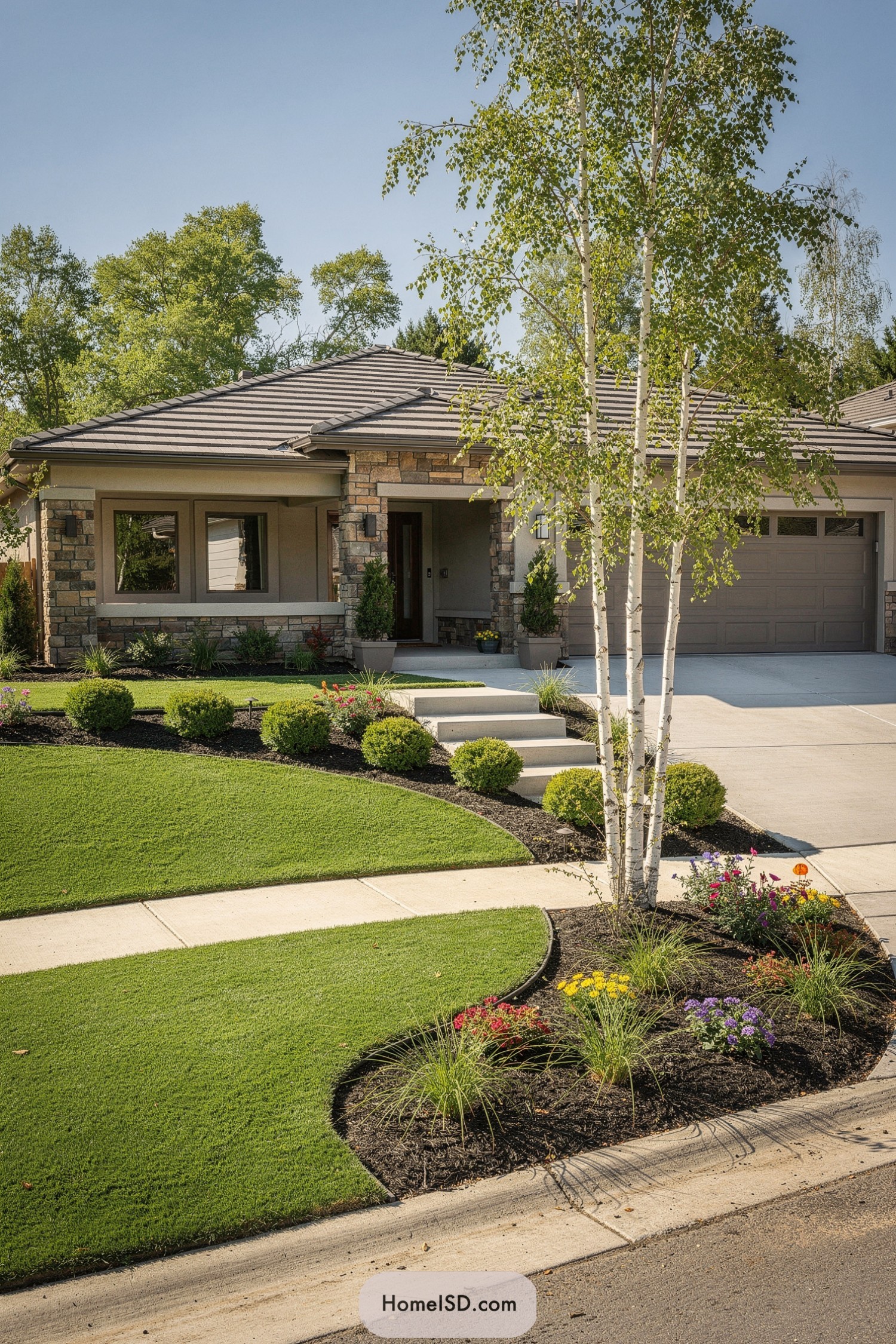 Curved turf front yard with birch tree and mulched flower beds