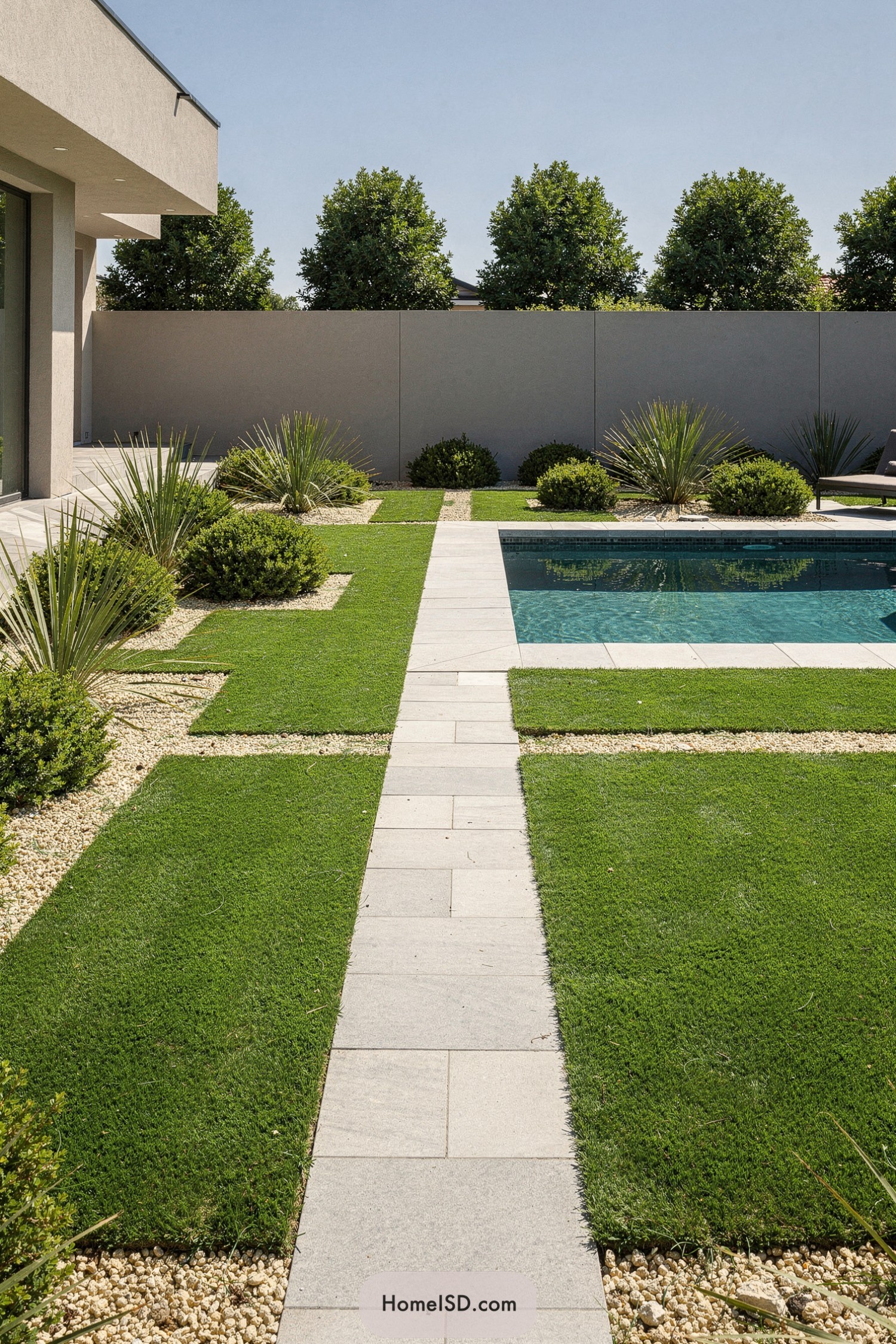 Modern geometric turf and gravel yard with pool
