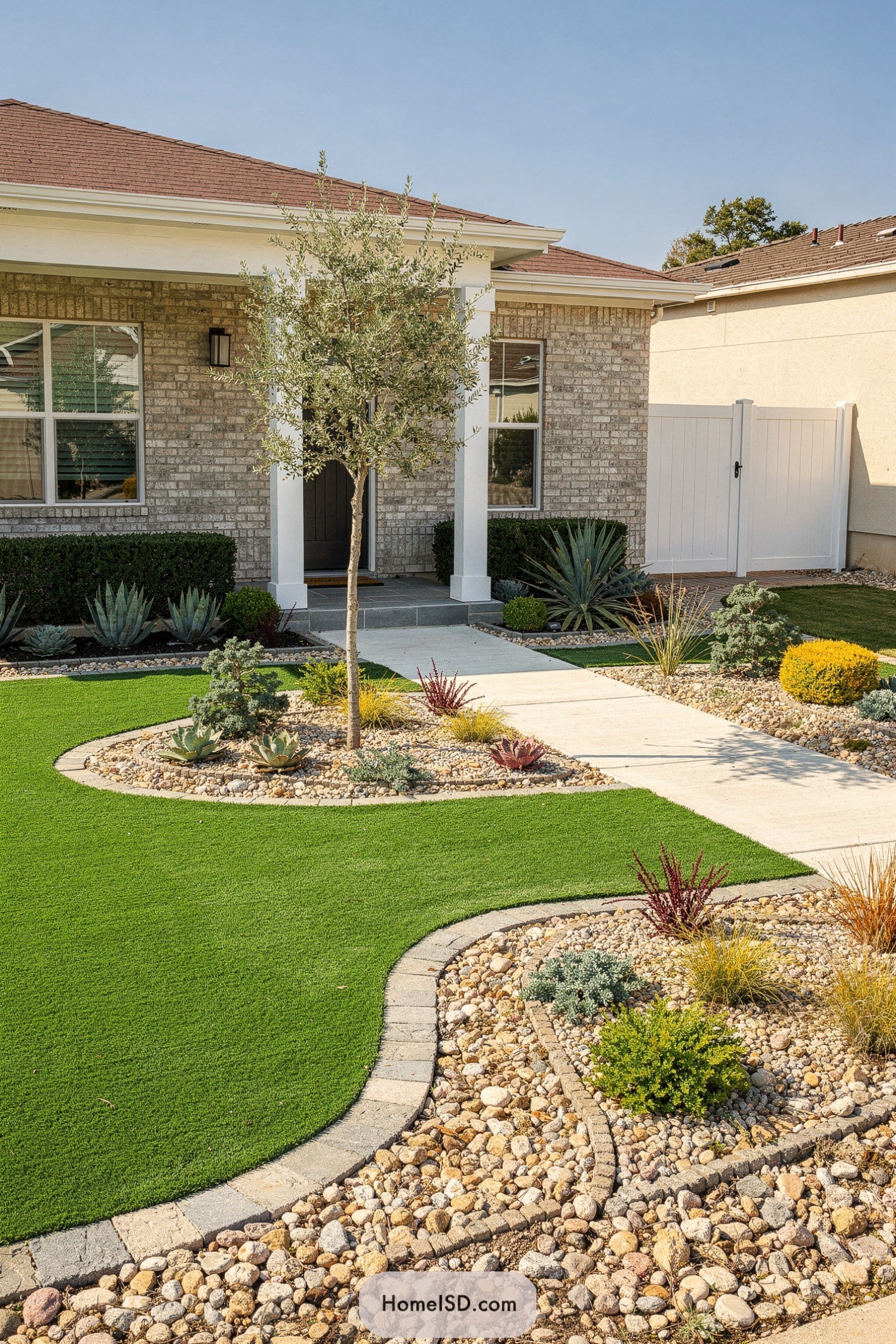 Curved artificial turf front yard bordered by stone edging, rock beds, and drought-tolerant plantings