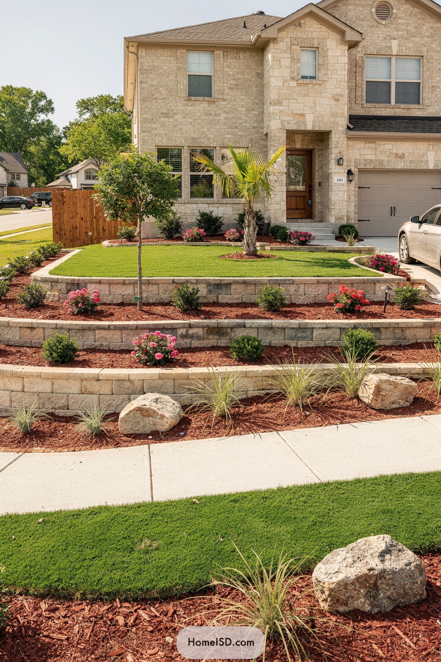 Stepped stone retaining walls with manicured turf, mulch, and flowering shrubs in a sunny suburban front yard