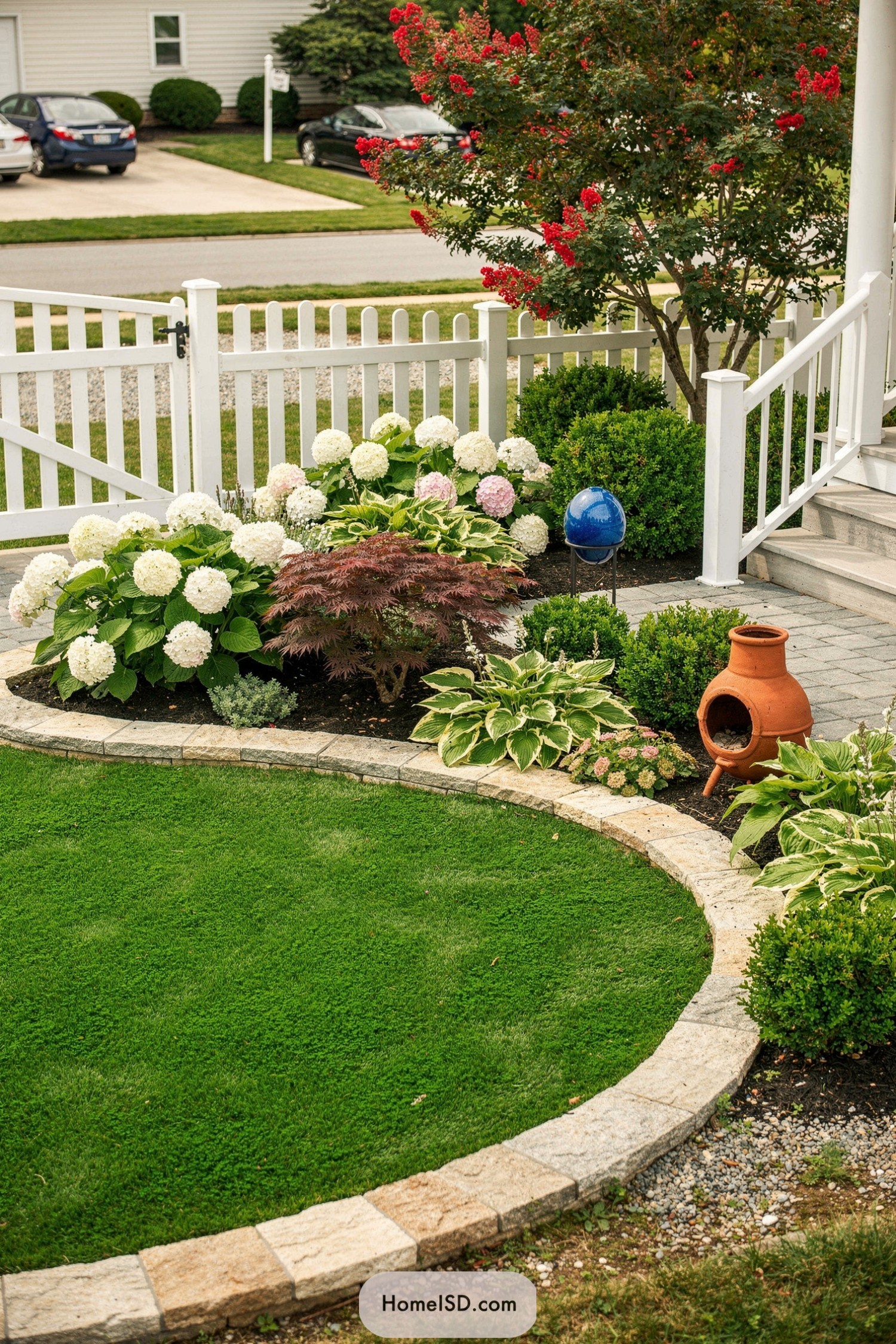 Curved turf lawn with stone border and lush cottage-style planting of hydrangeas and shrubs beside a white picket fence