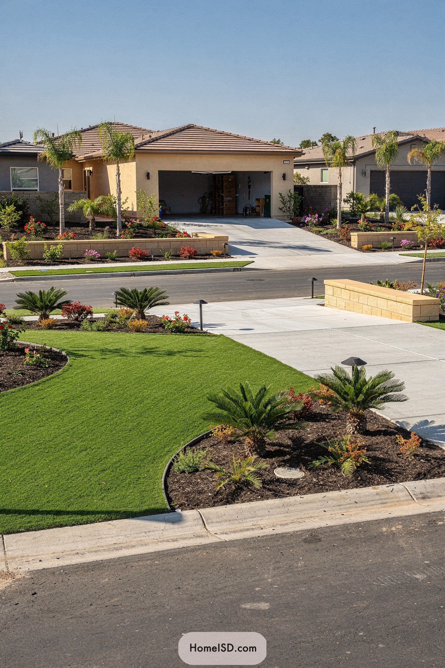 Sunny suburban front yard with curved turf, palms, and low plant beds