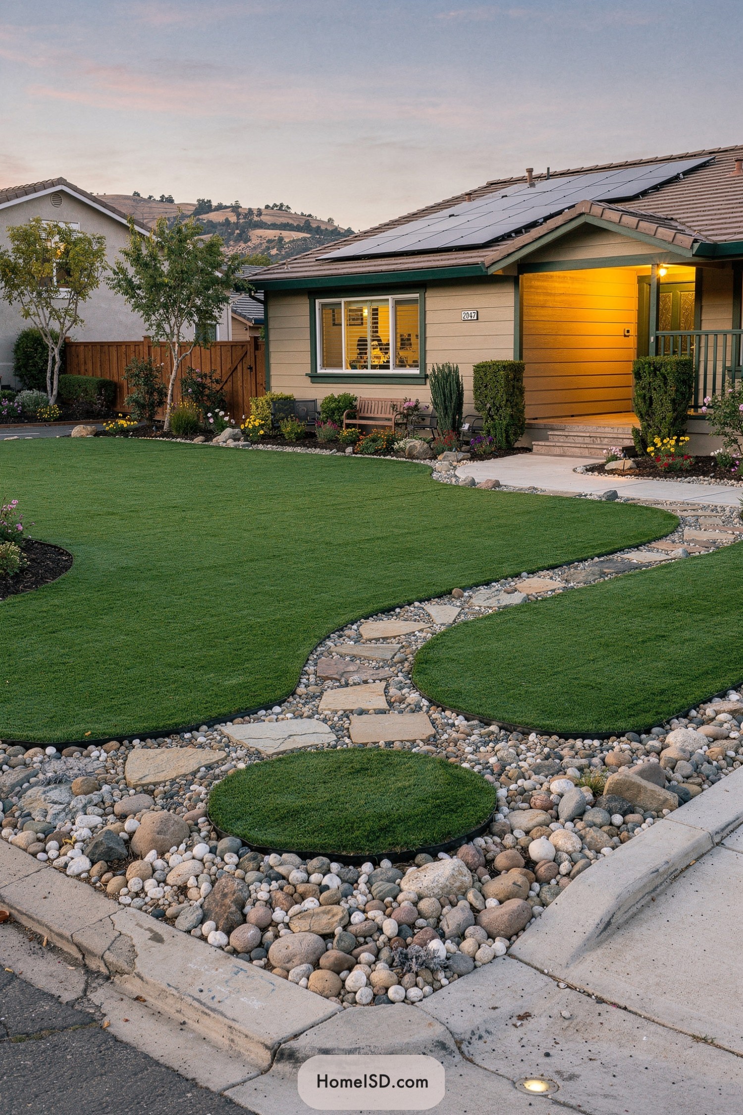 Front yard with turf islands stone path and river rock beds