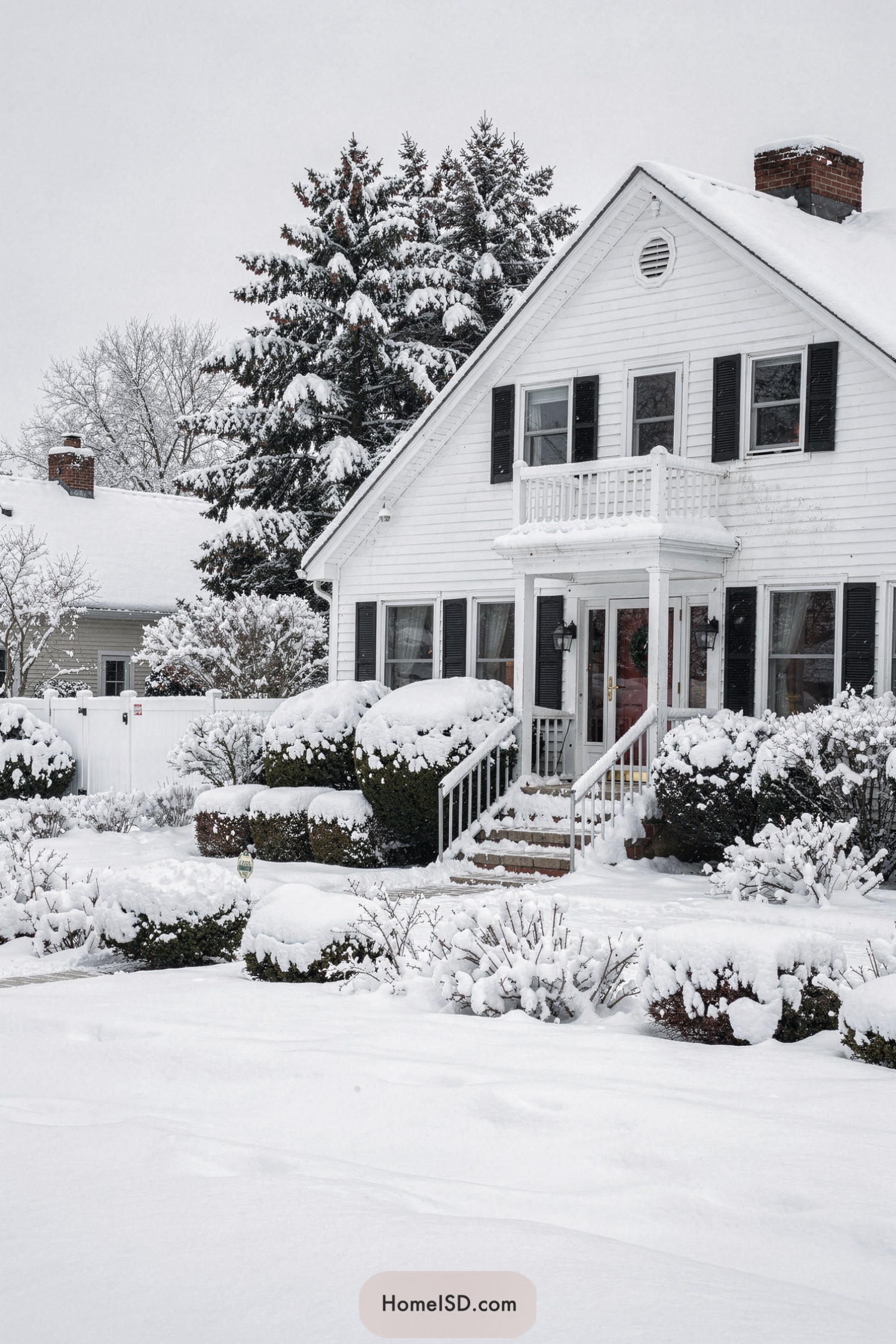 White two-story house with snow-covered yard
