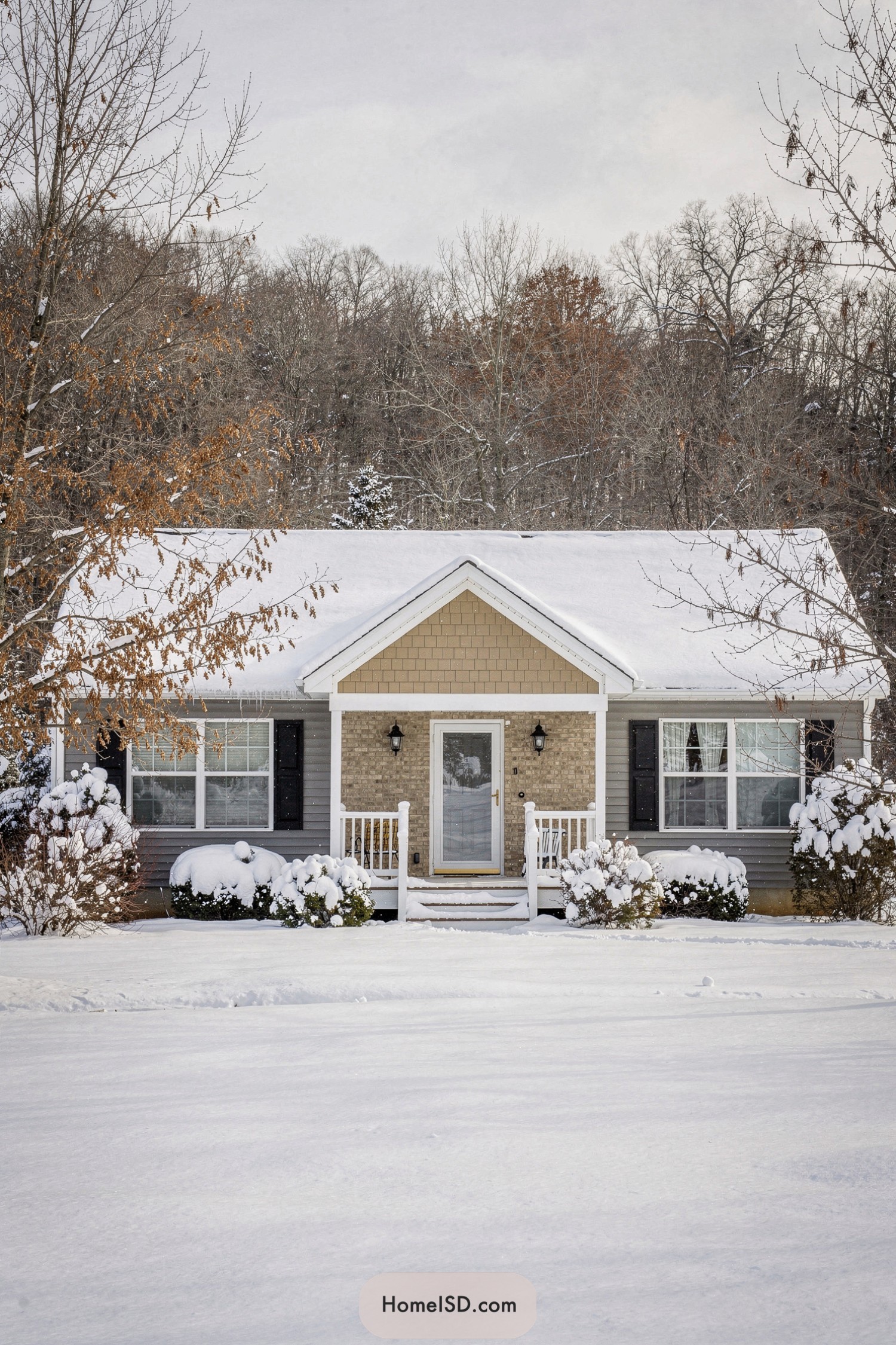 Small cottage with snow-covered yard and shrubs