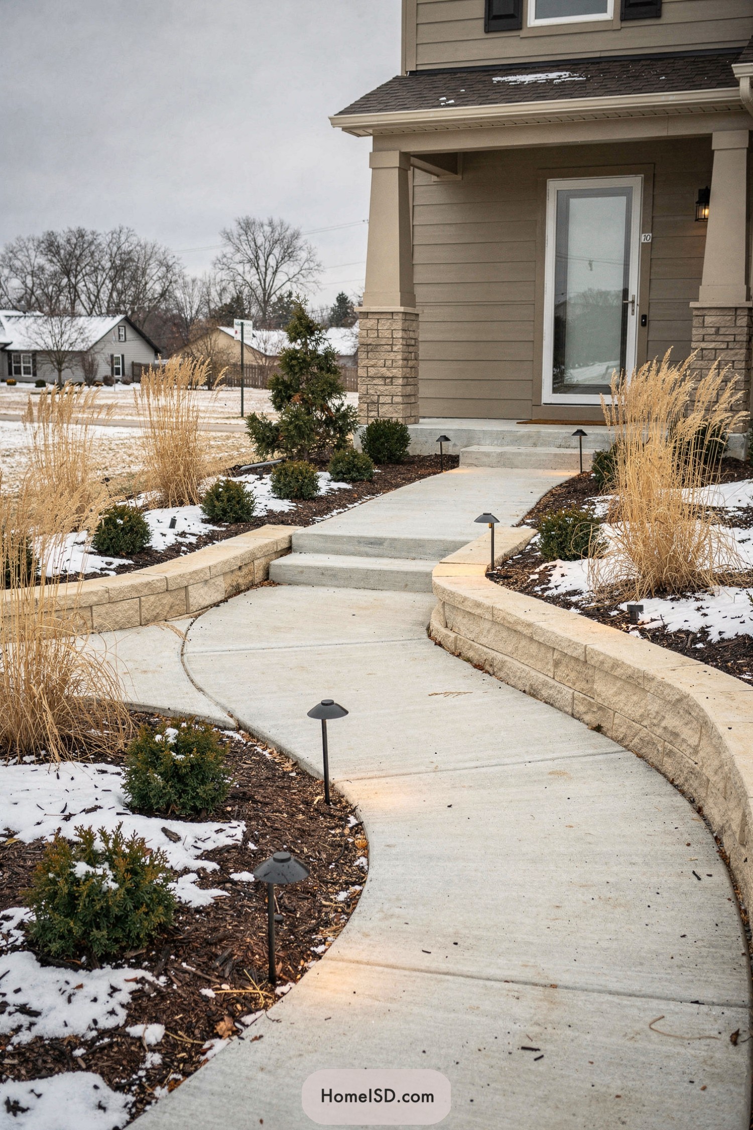 Curved concrete front path with winter plantings