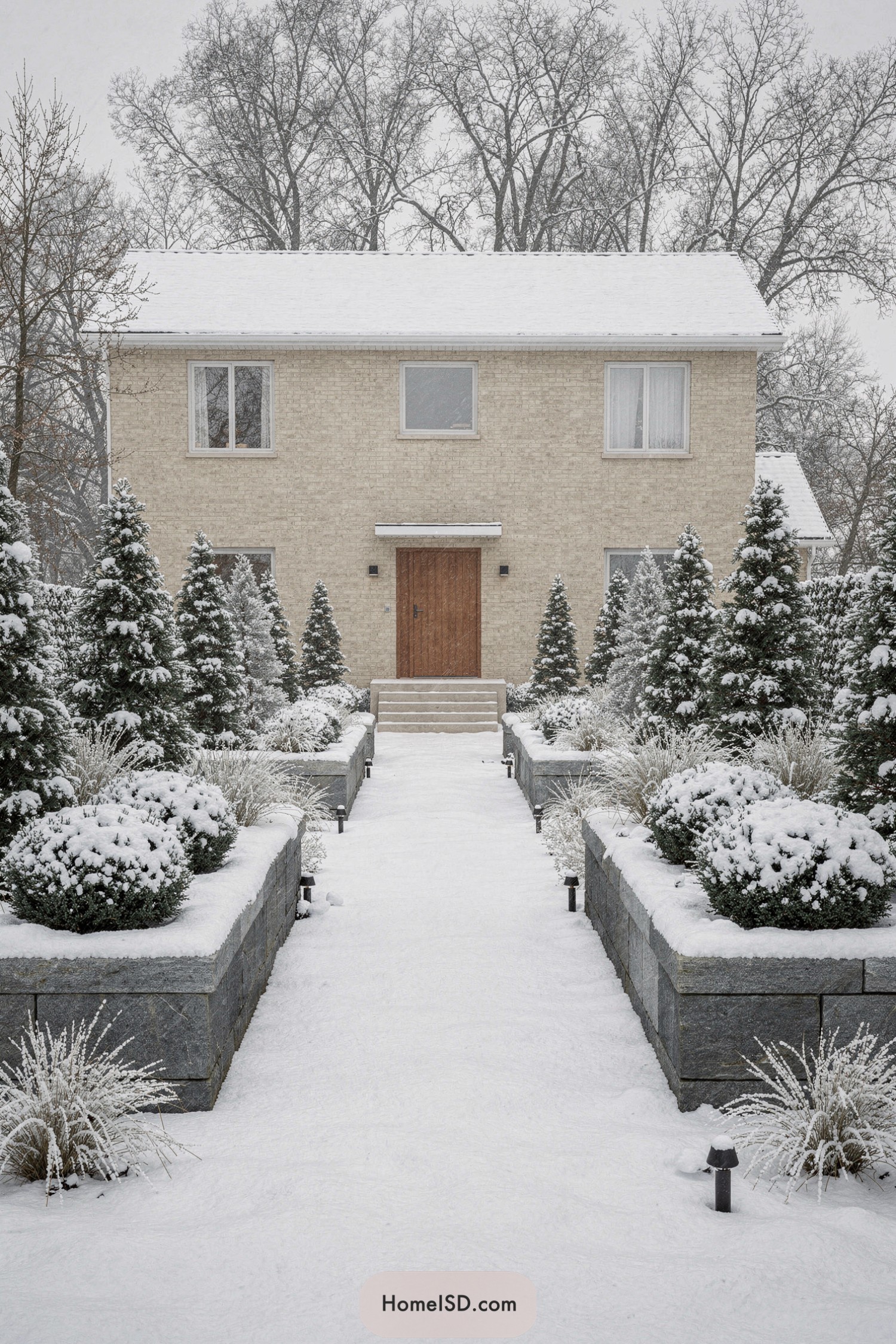 Snow-covered formal front yard with evergreens and raised stone beds