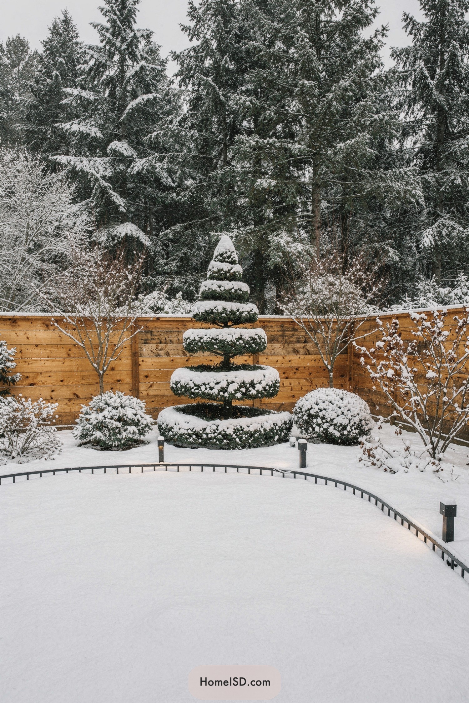 Tiered evergreen topiary in snowy backyard