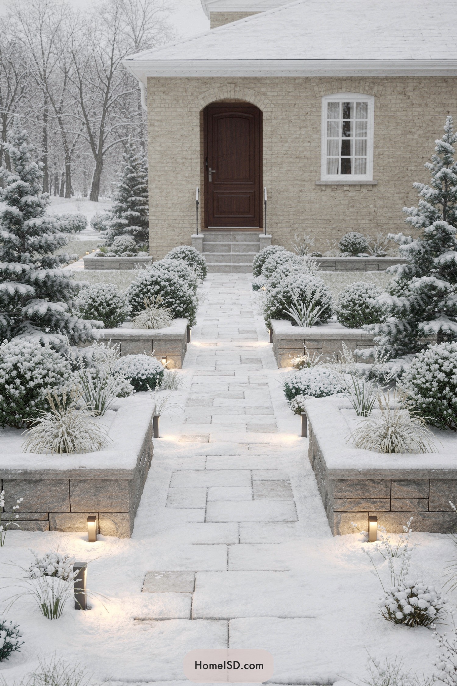 Snow-covered stone walkway lined with evergreen planters and warm path lights leading to a front door