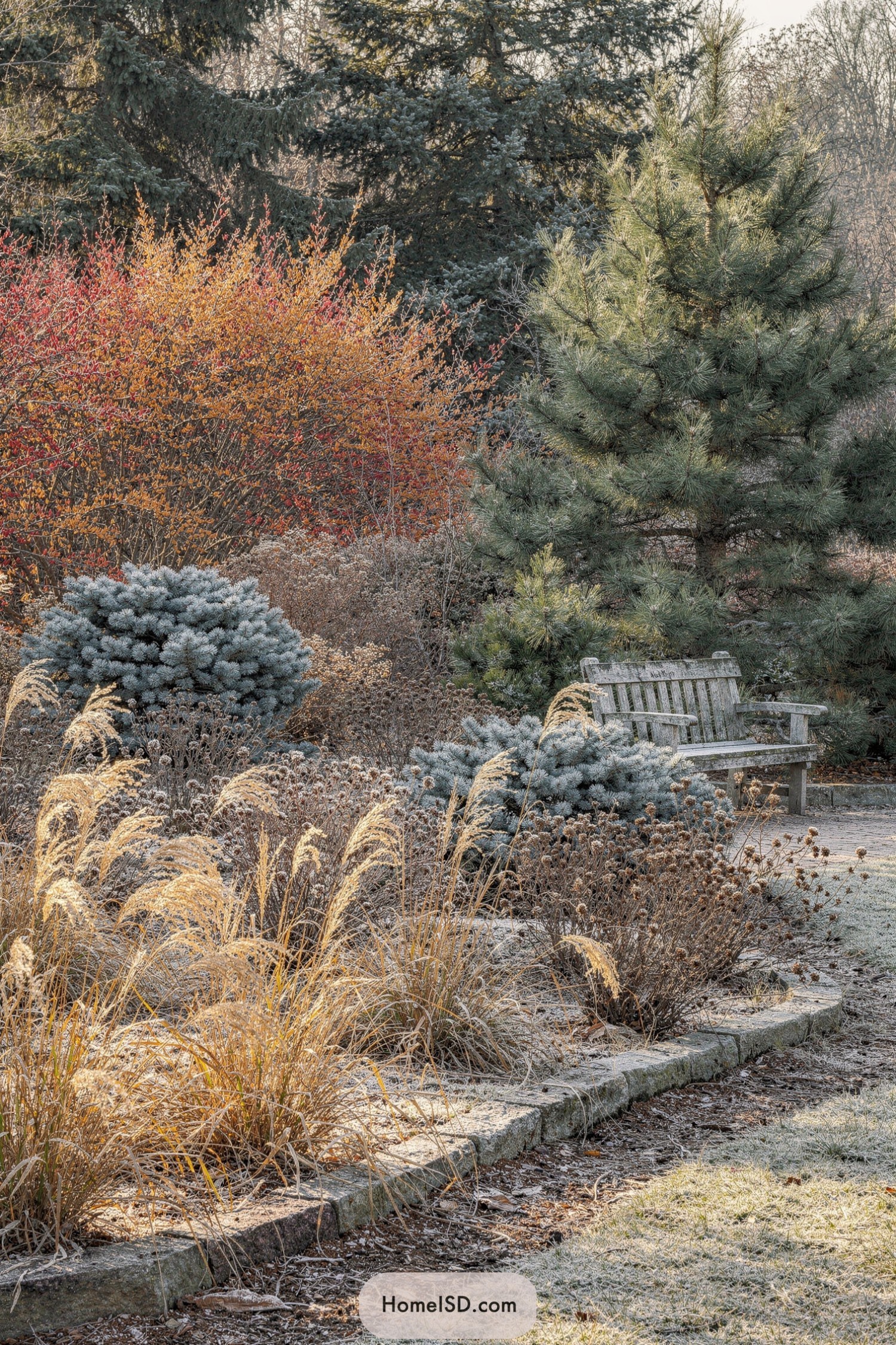 Weathered wooden bench amid frosted grasses and evergreens