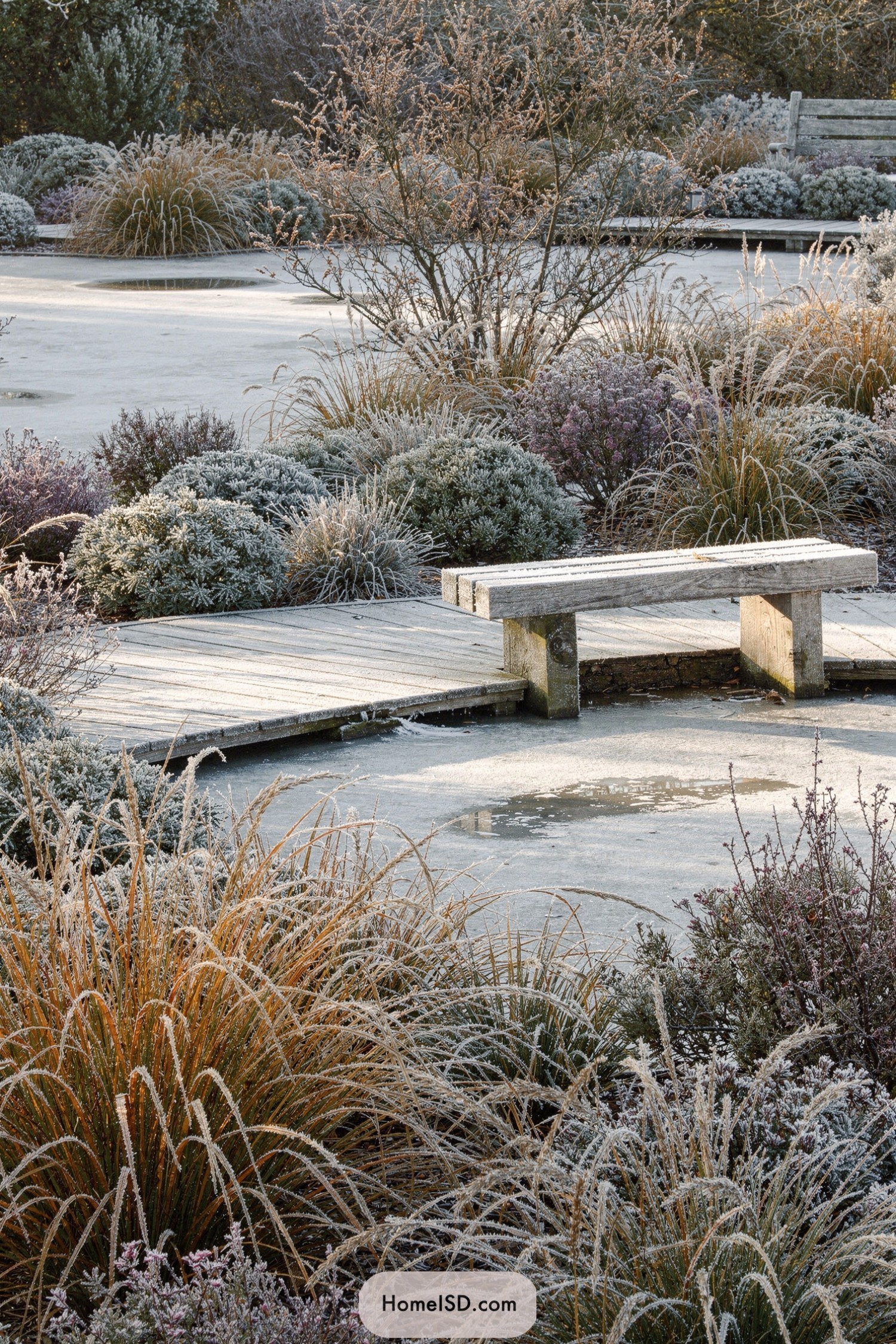 Weathered wooden bench on frosty deck above a frozen garden pond with icy ornamental grasses and shrubs