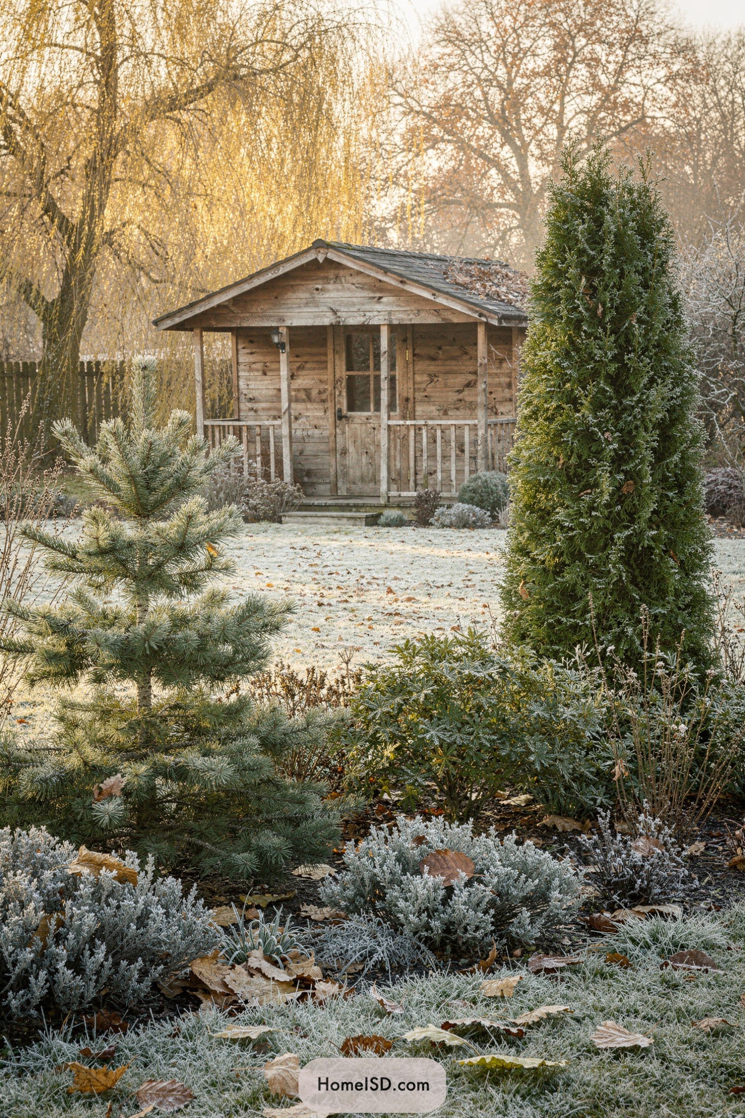 Small wooden garden shed framed by frosty evergreens