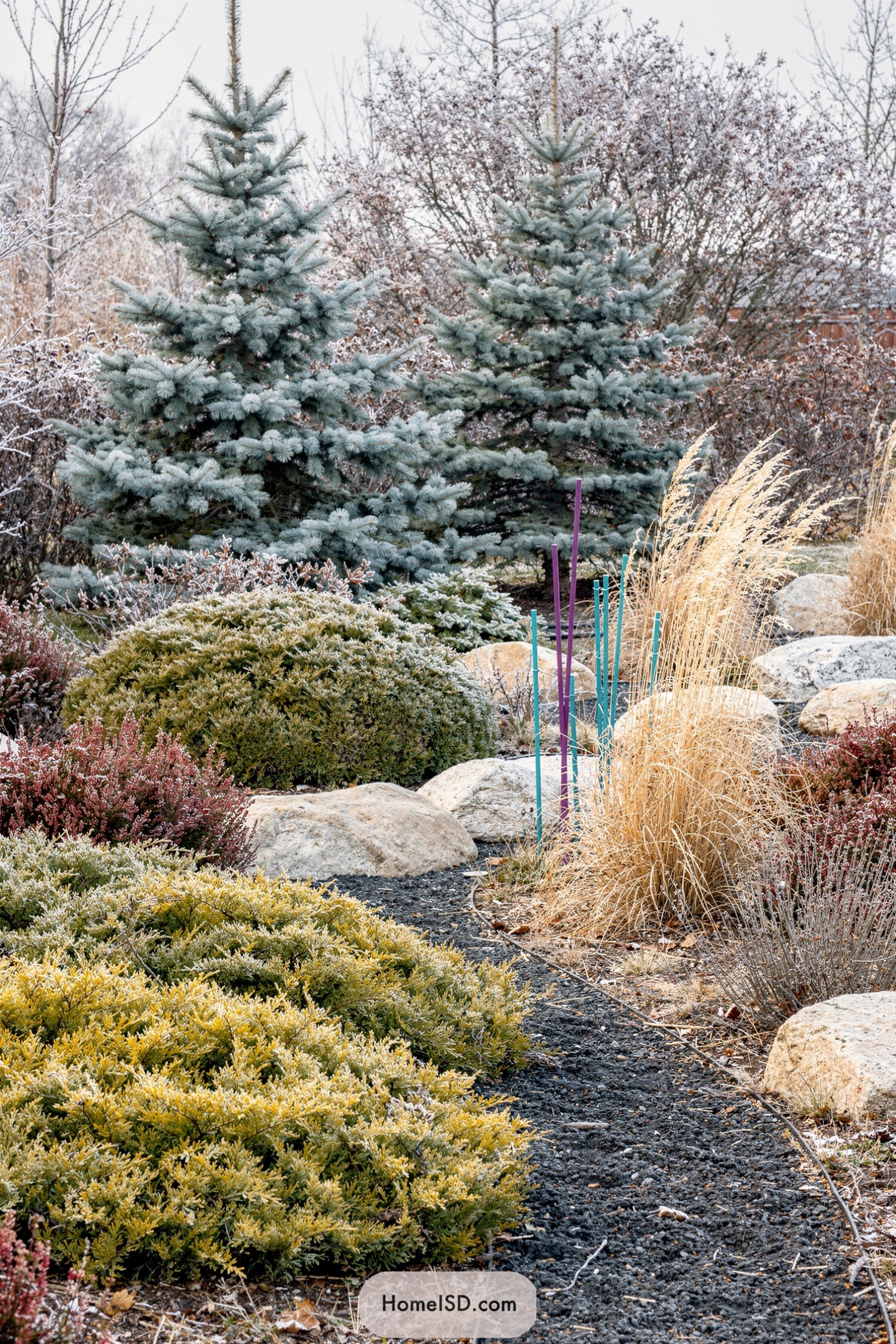 Winter garden with evergreens rocks and frosted shrubs