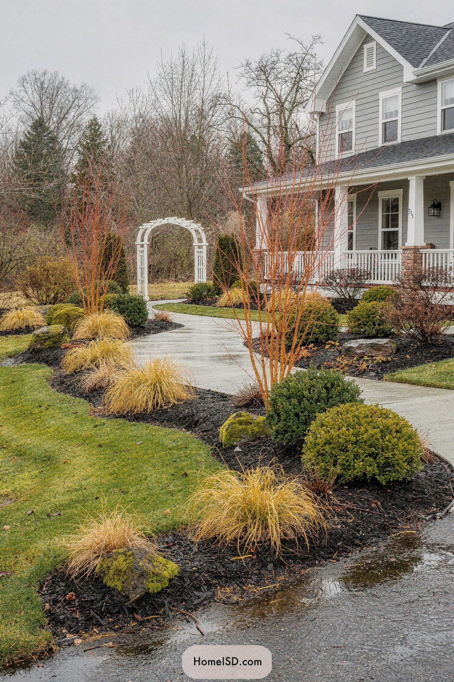 Curving front path with winter grasses shrubs and white arbor