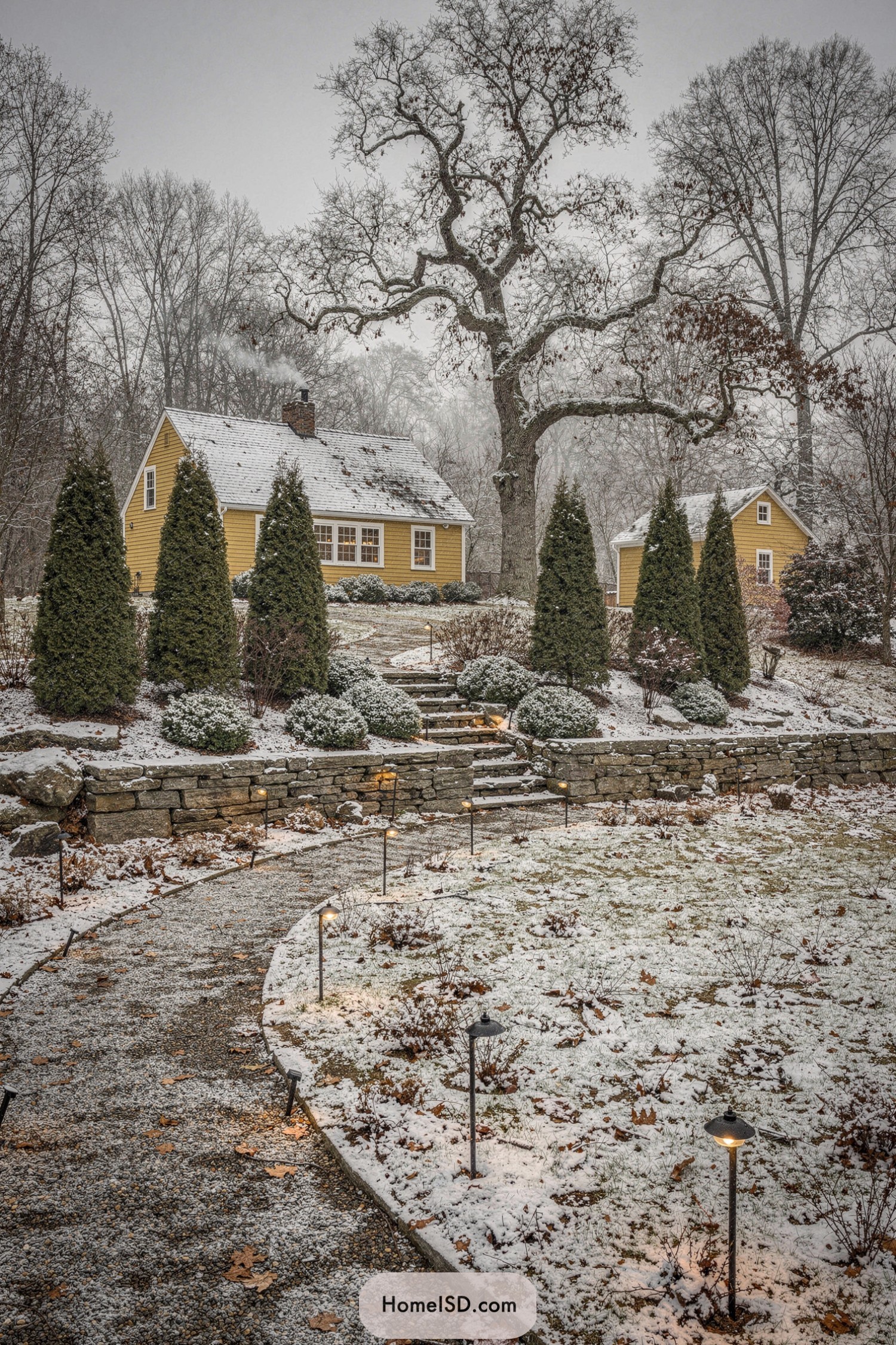 Snowy garden path leading to yellow cottages