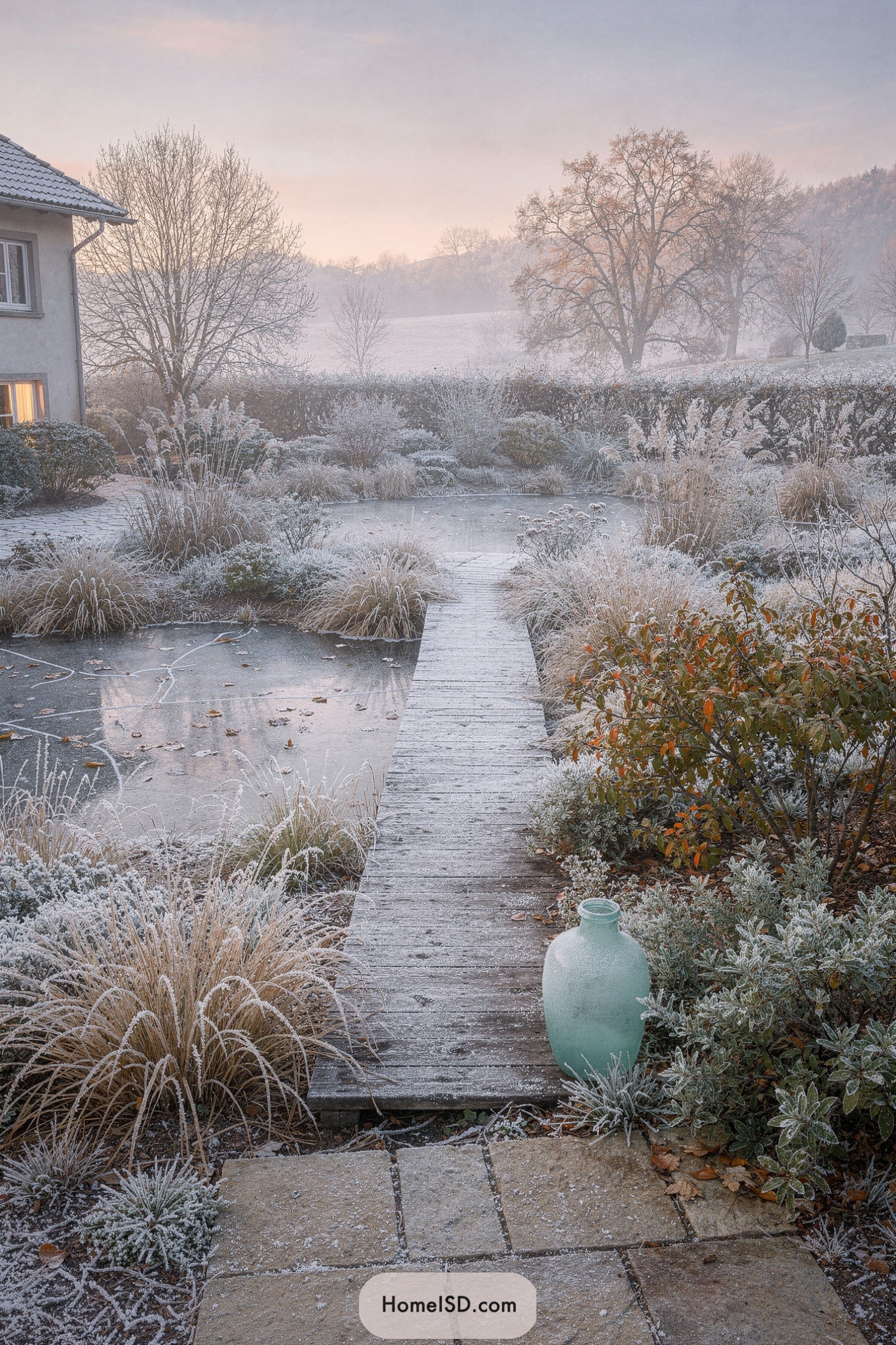 Winter garden with frosted boardwalk and pond