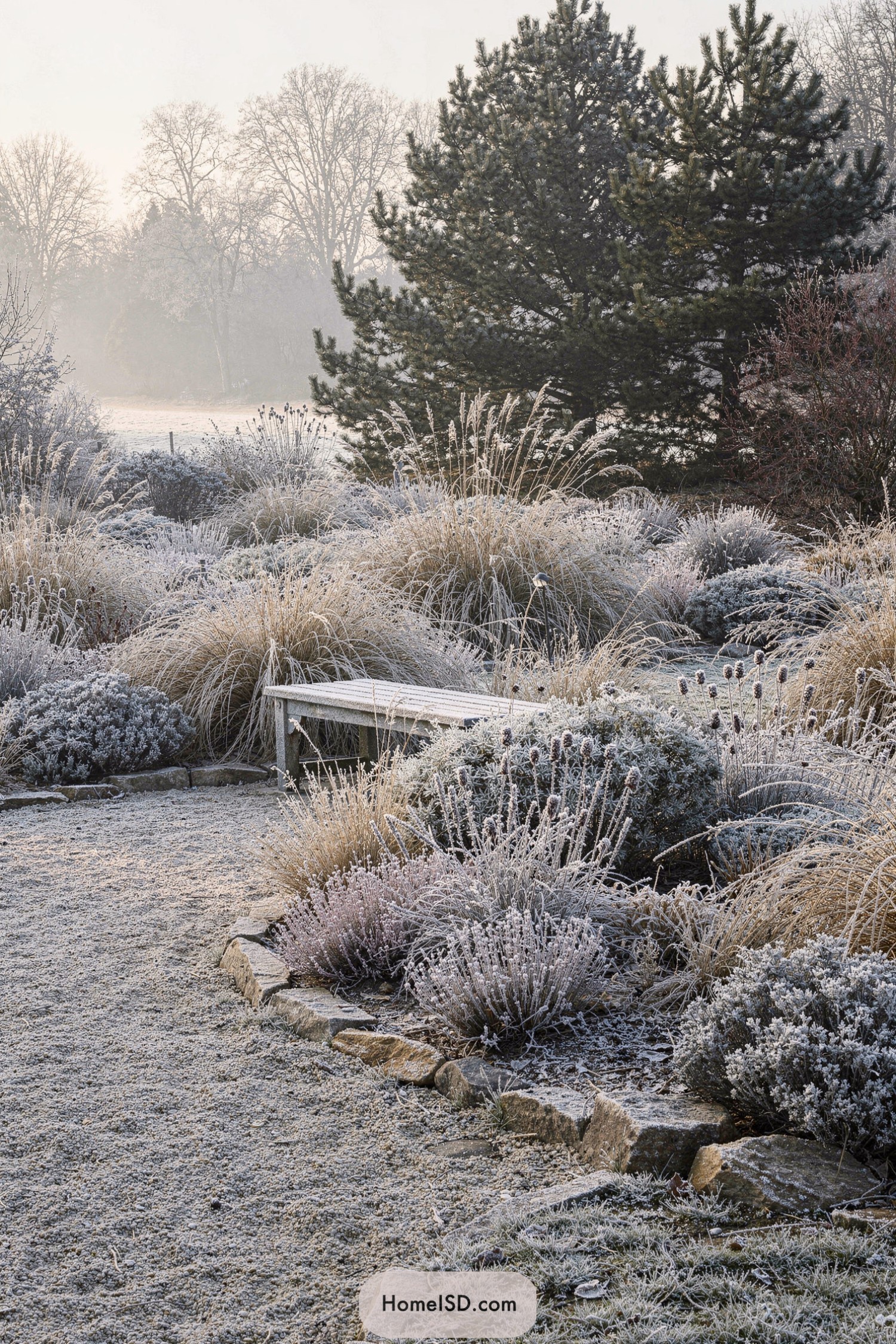 Frost covered garden with bench and grasses