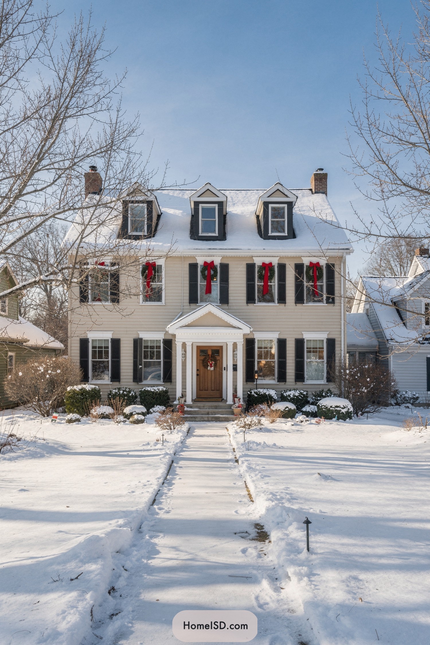 Colonial-style home with snow-covered yard and red holiday ribbons on the façade
