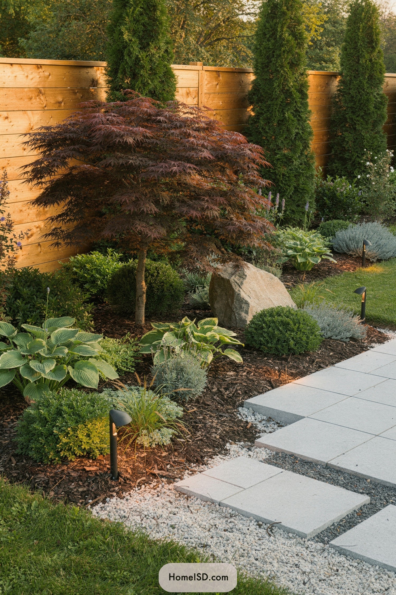Japanese maple garden beside lit stone path