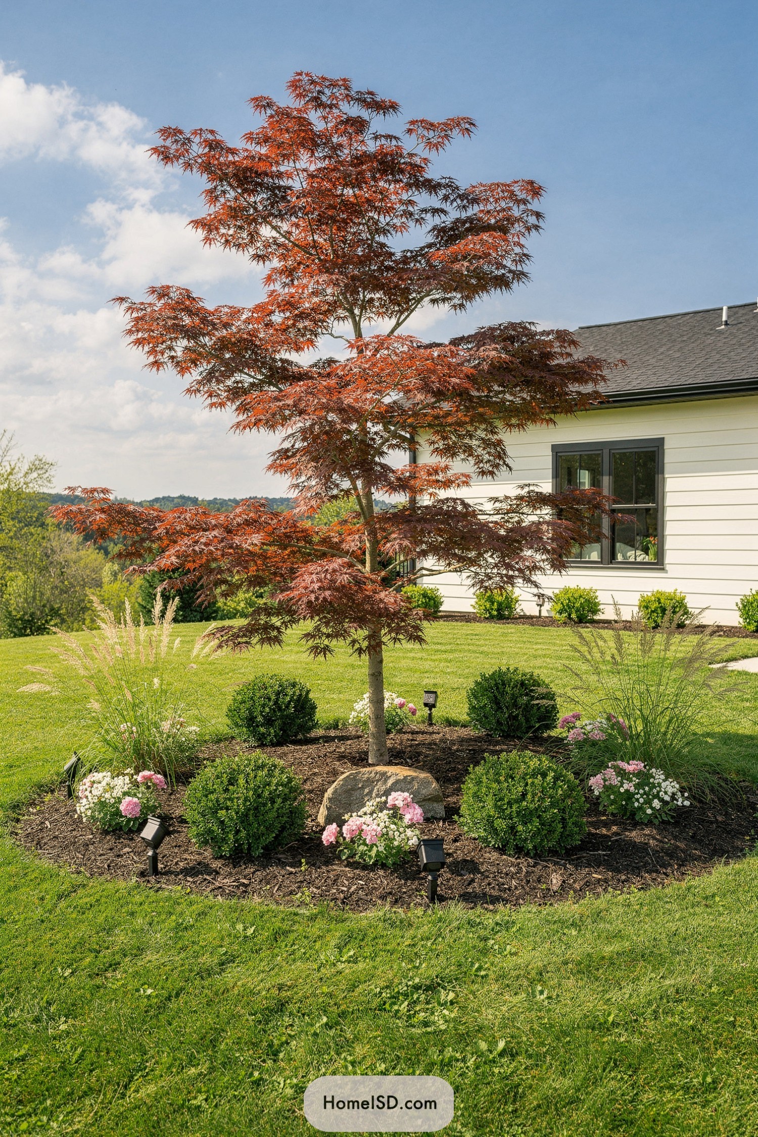 Red maple tree in circular front yard bed with shrubs and flowers