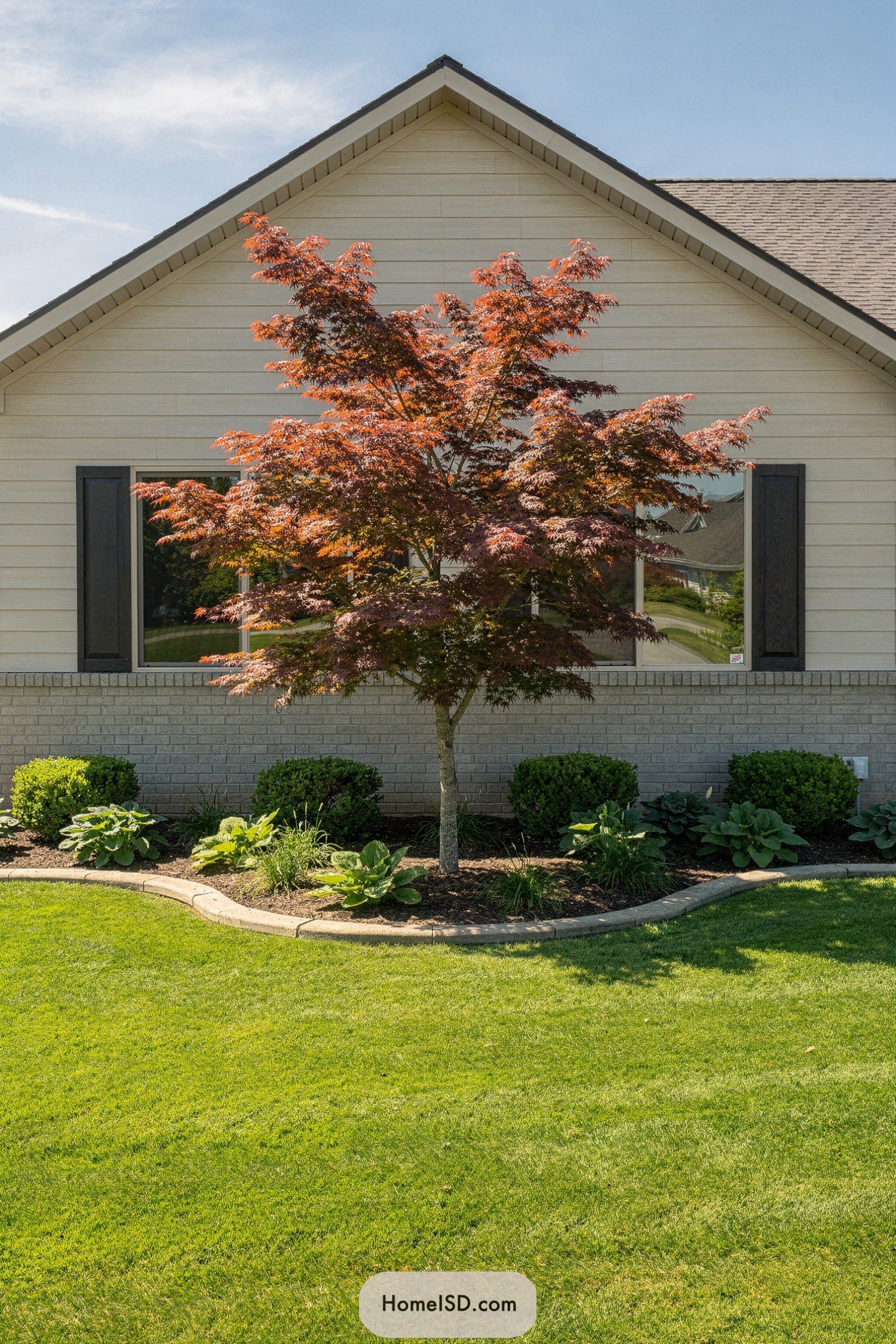Japanese maple centered in tidy front yard bed