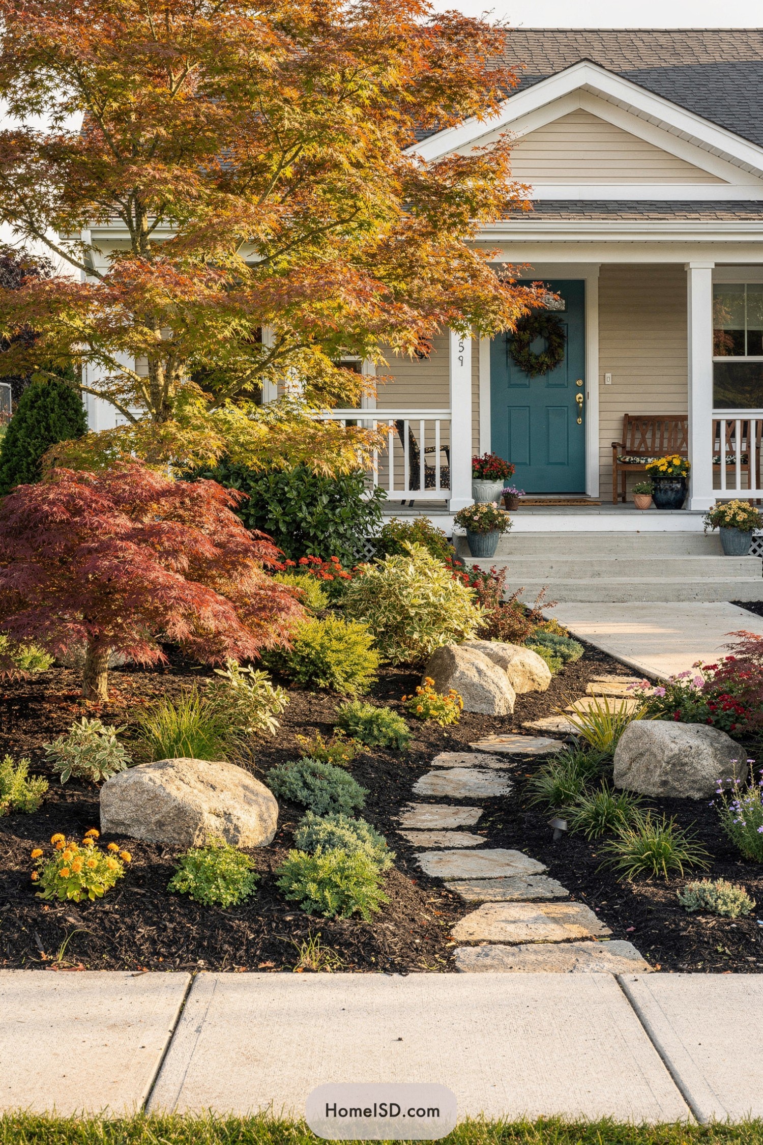Front yard with maple trees, stone path, and teal front door