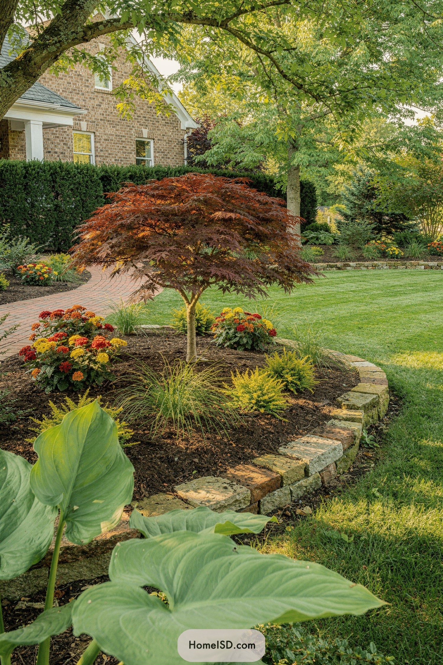 Japanese maple centered in curved stone-edged garden bed