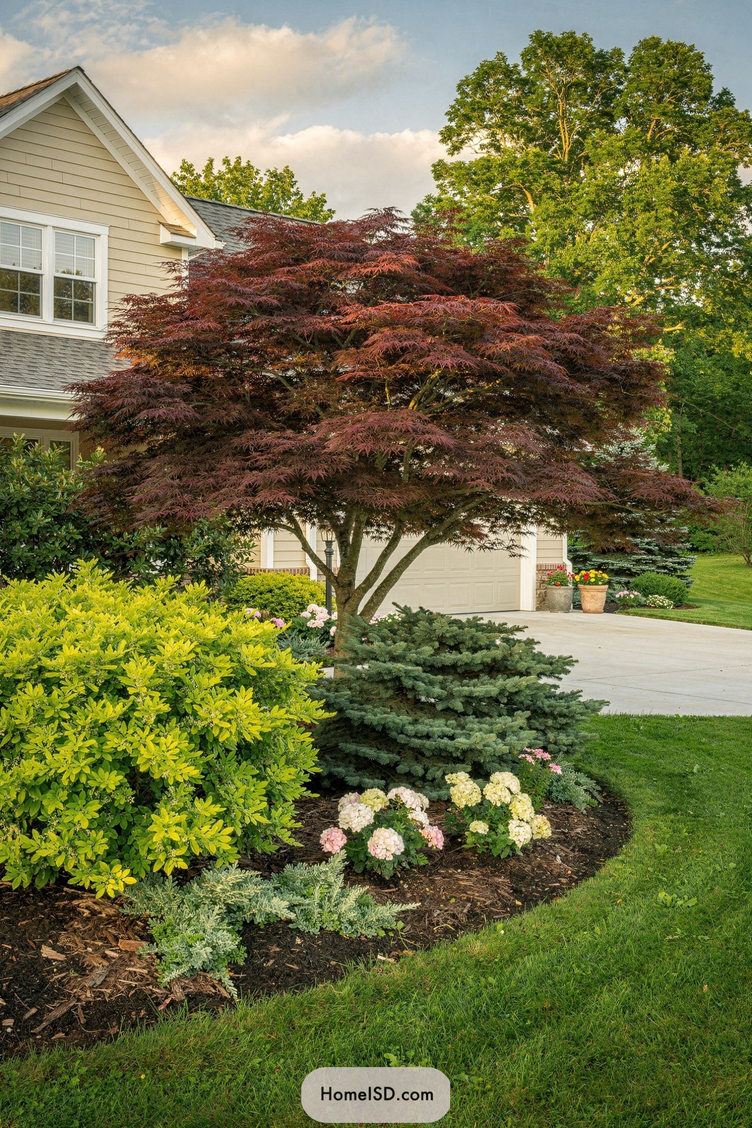Red maple centerpiece in layered front yard